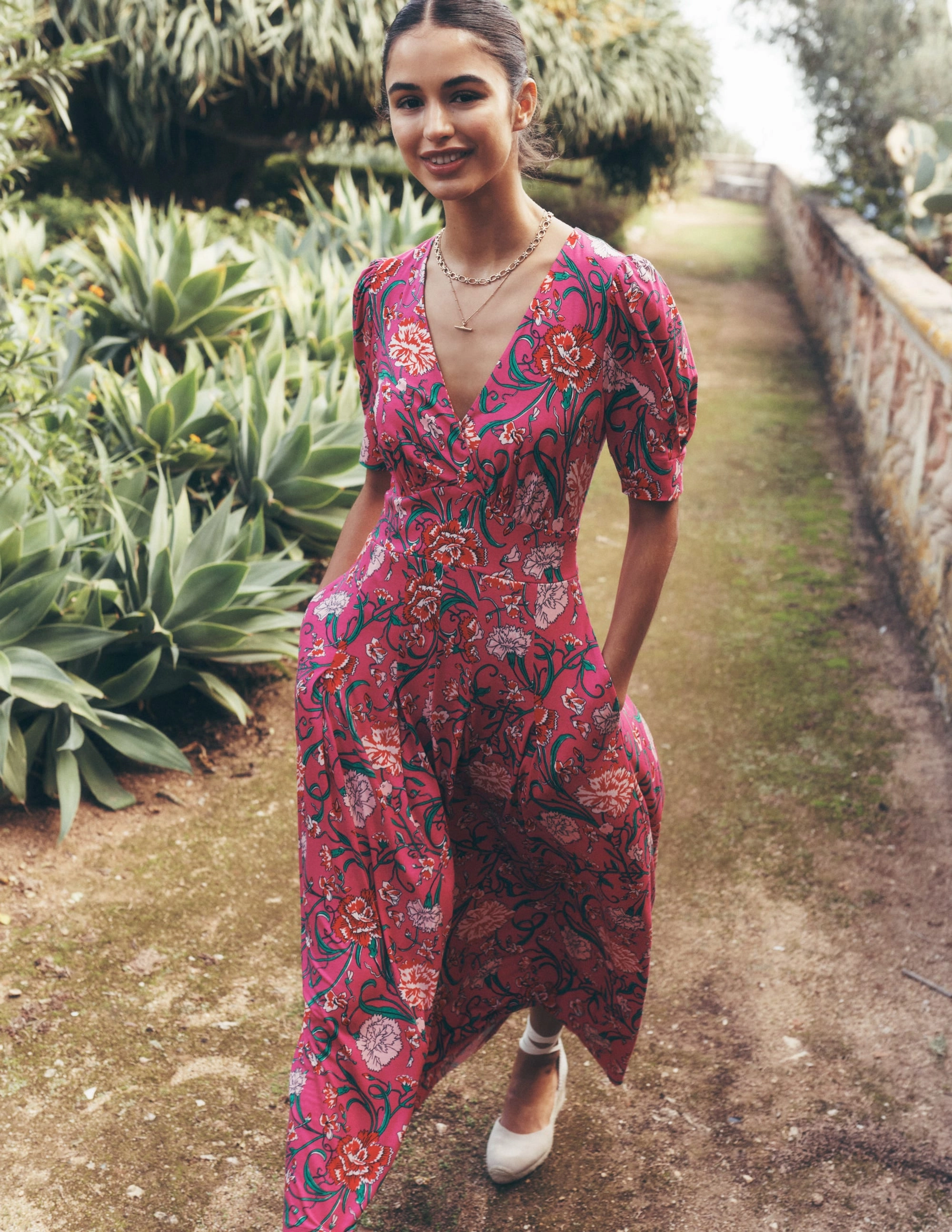 Subtle pattern Kristen Pleated Jersey Dress-Pink Yarrow, Carnation Vine