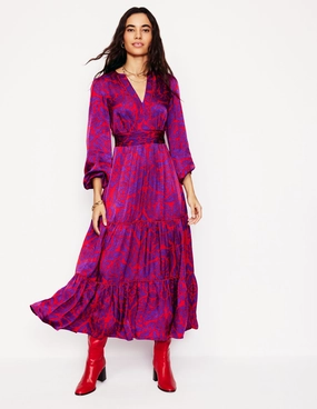 Pleat-Front Chic Waist Design Pippa Satin Maxi Dress-Amethyst, Elaborate Leaf