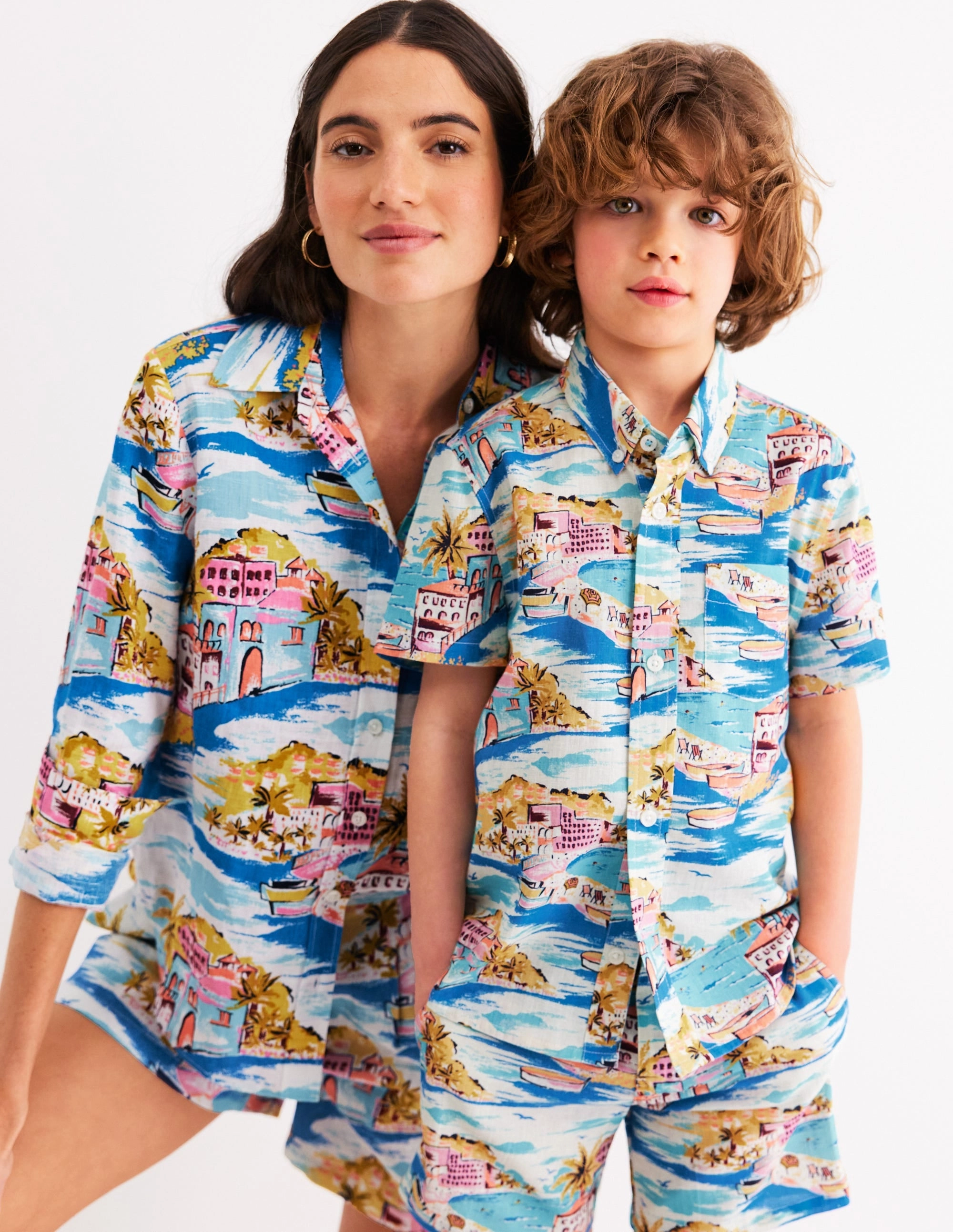 Quick Dry Material Cotton Linen Shirt-Multi Coastal Scene