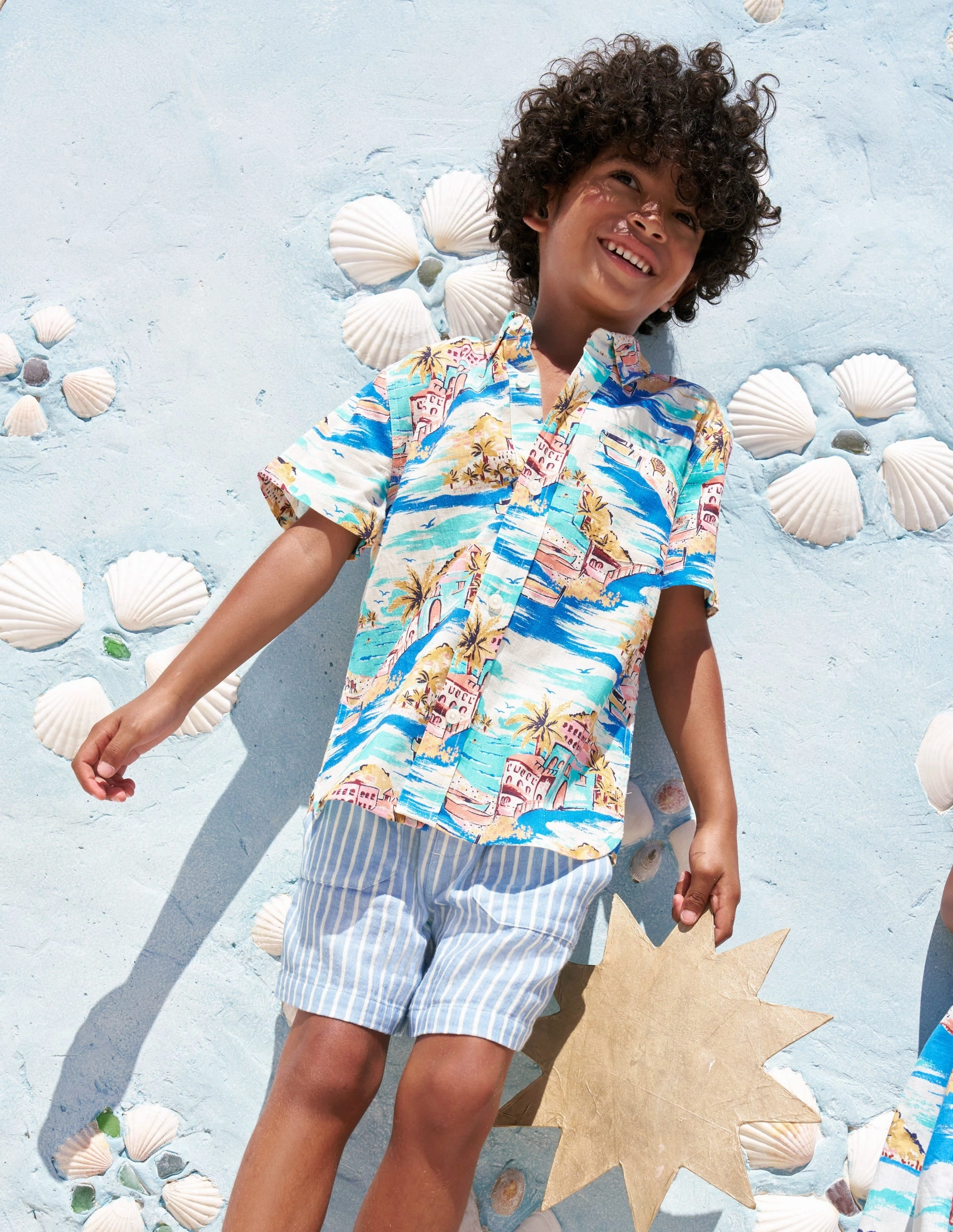 Cotton Linen Shirt-Multi Coastal Scene Perfect Design