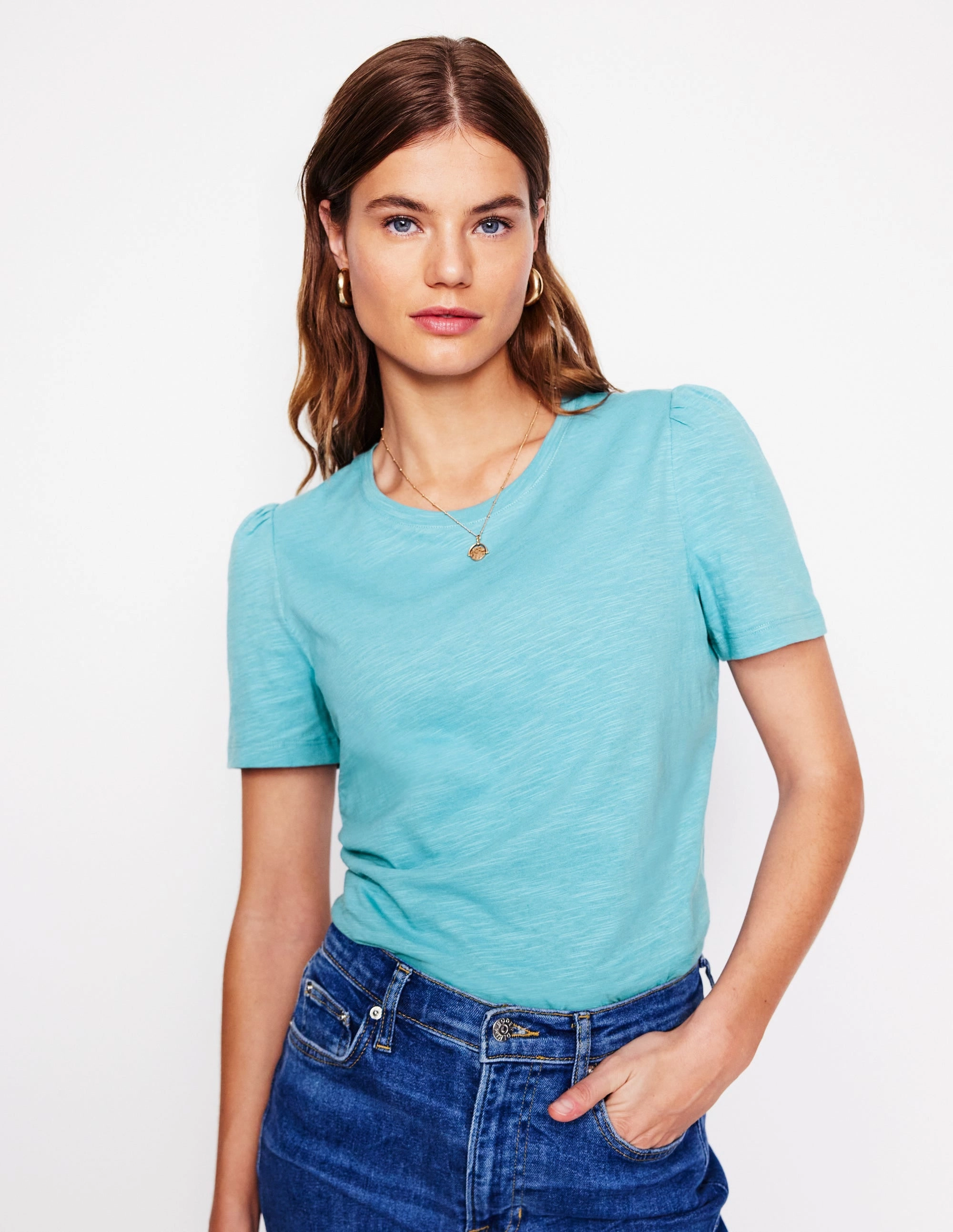 Cotton Puff Sleeve T-Shirt-Duck Egg Blue Sleek Waist