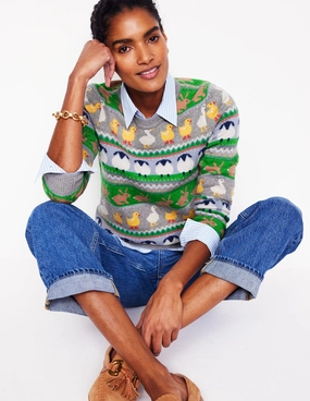 Dimensional Jacquard Weave Warm Touch Edie Fair Isle Jumper-Grey Melange, Animal