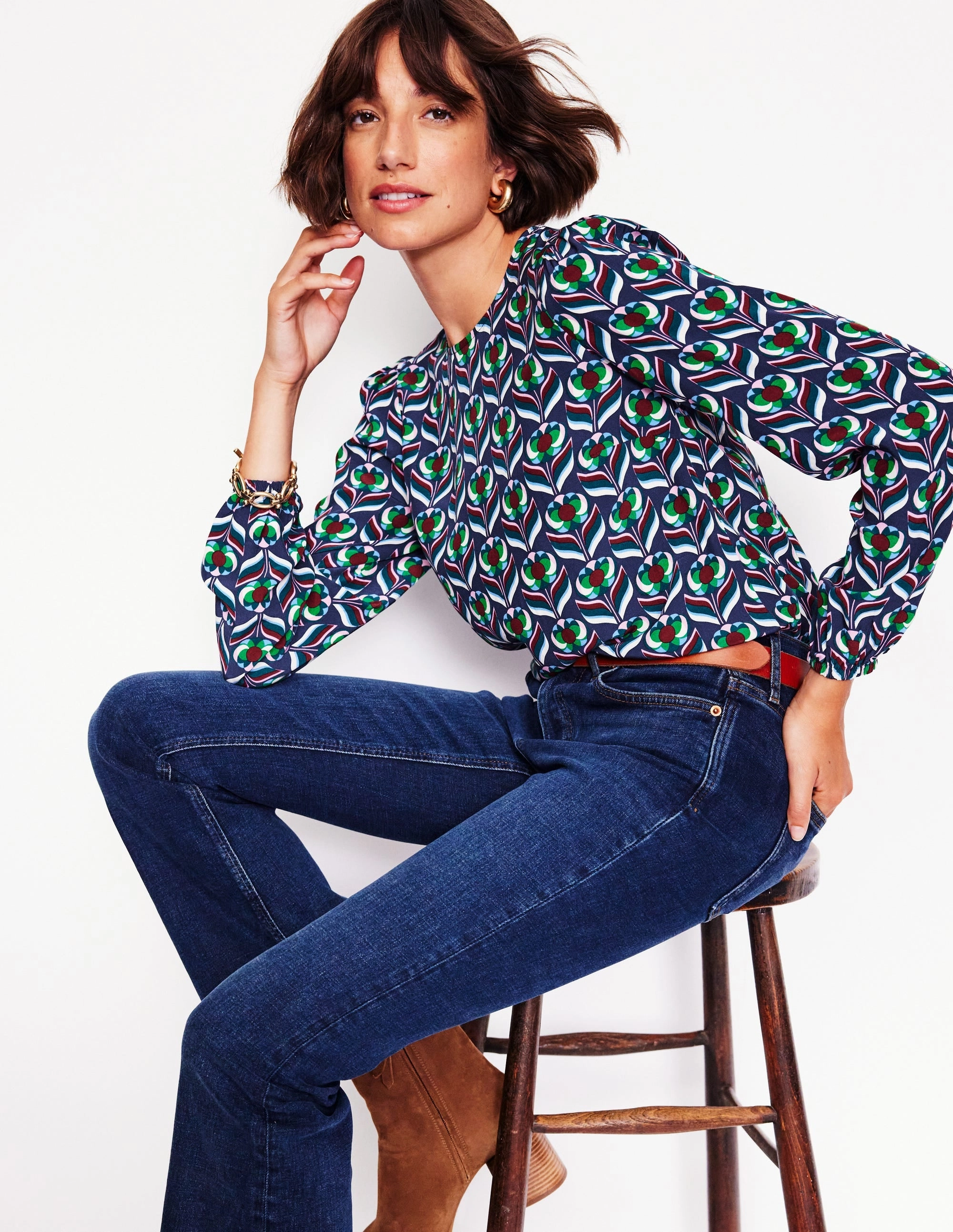 Fashionable Look Easy Printed Top-Kingfisher Blue, Blossom Stamp