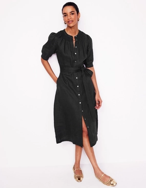 Ada Linen Midi Dress-Black Elastic-Cuff