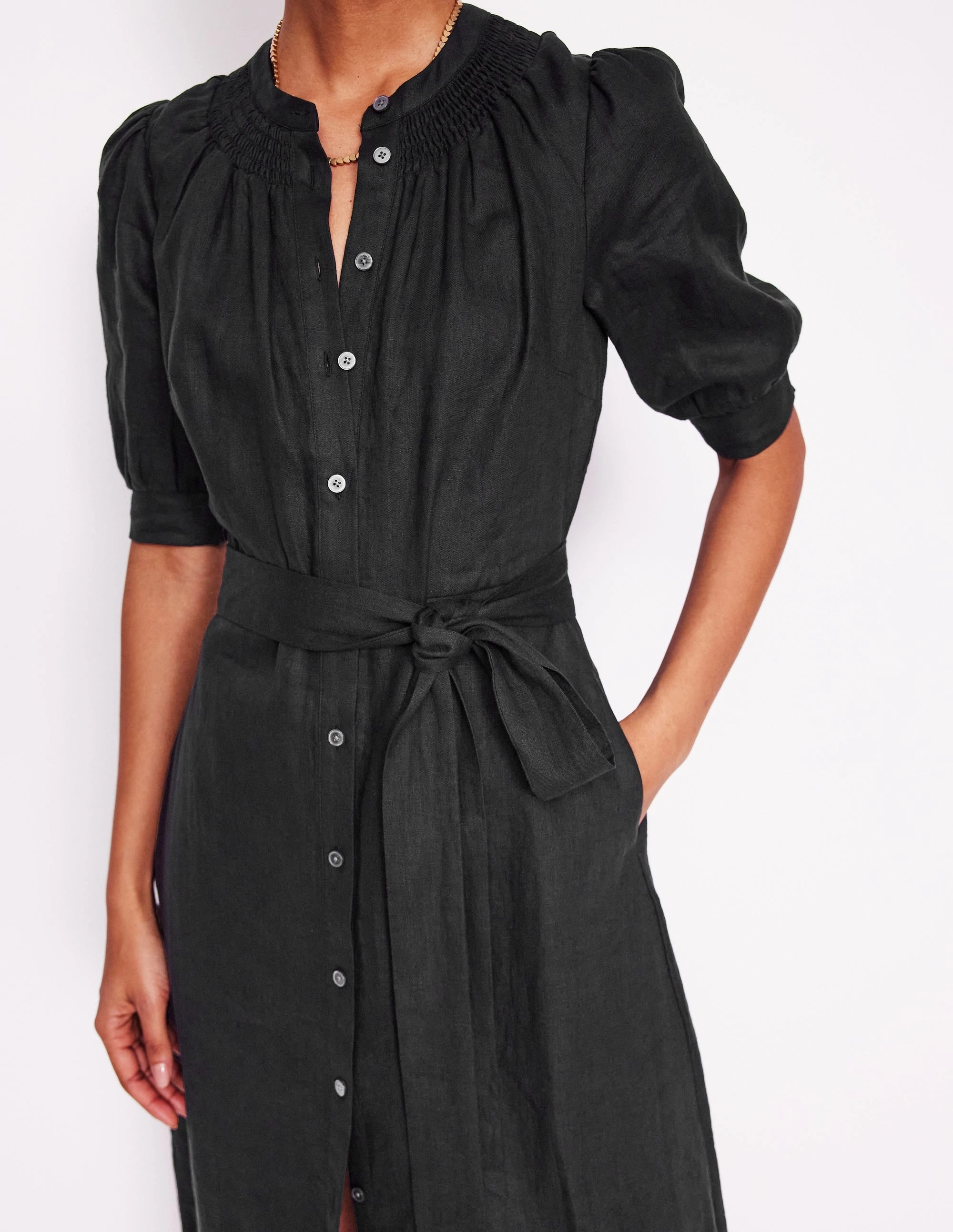Zip Closure Ada Linen Midi Dress-Black