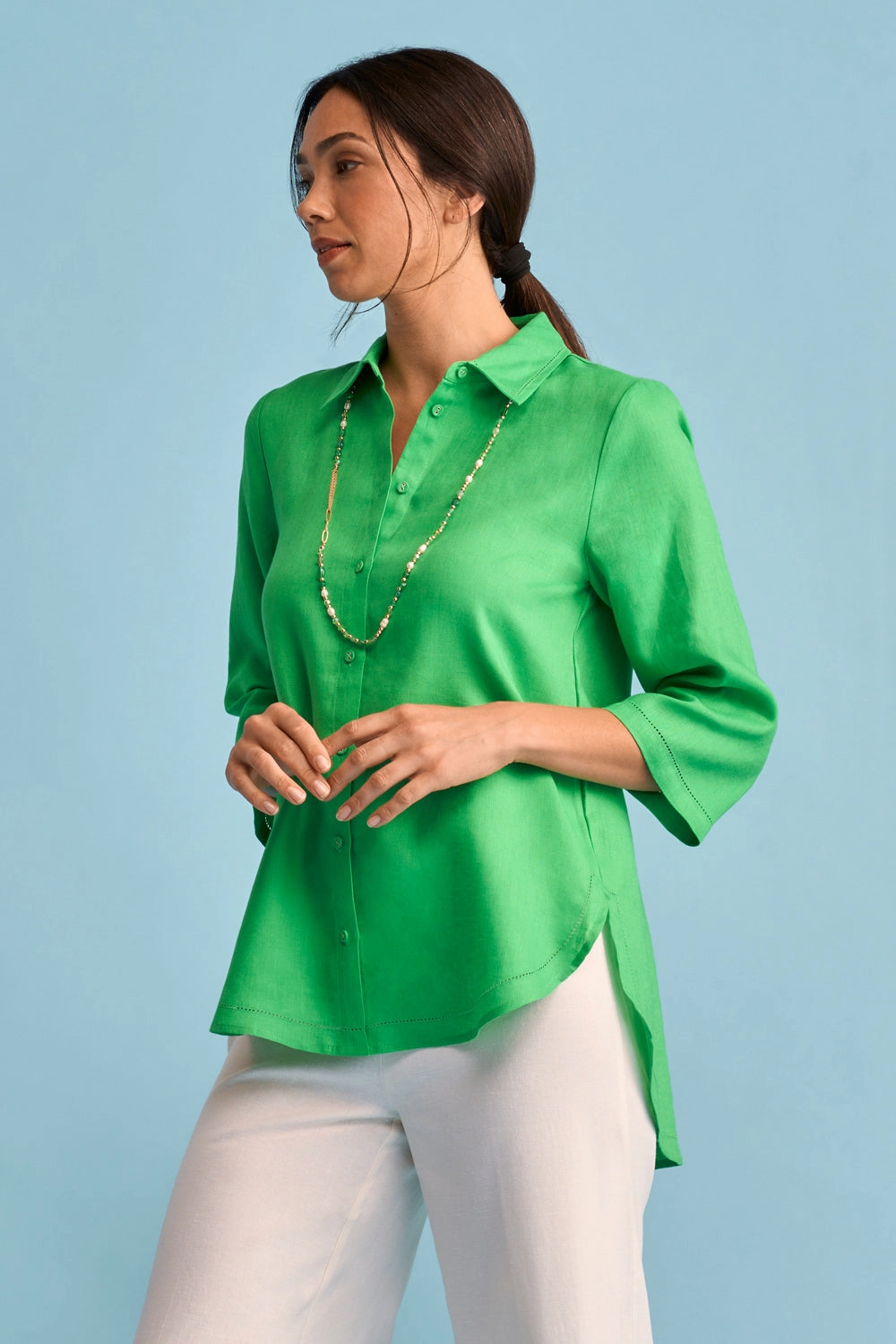 French Linen Shirt - Vibrant Green Athletic Look Layered Shoulder