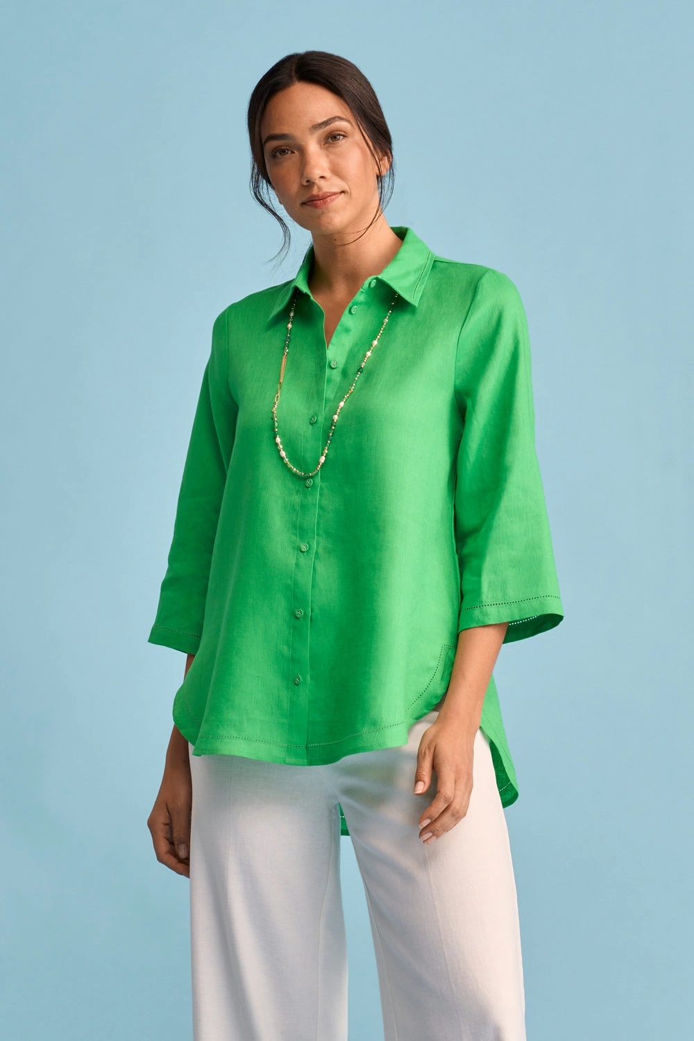 Soft Touch Texture French Linen Shirt - Vibrant Green