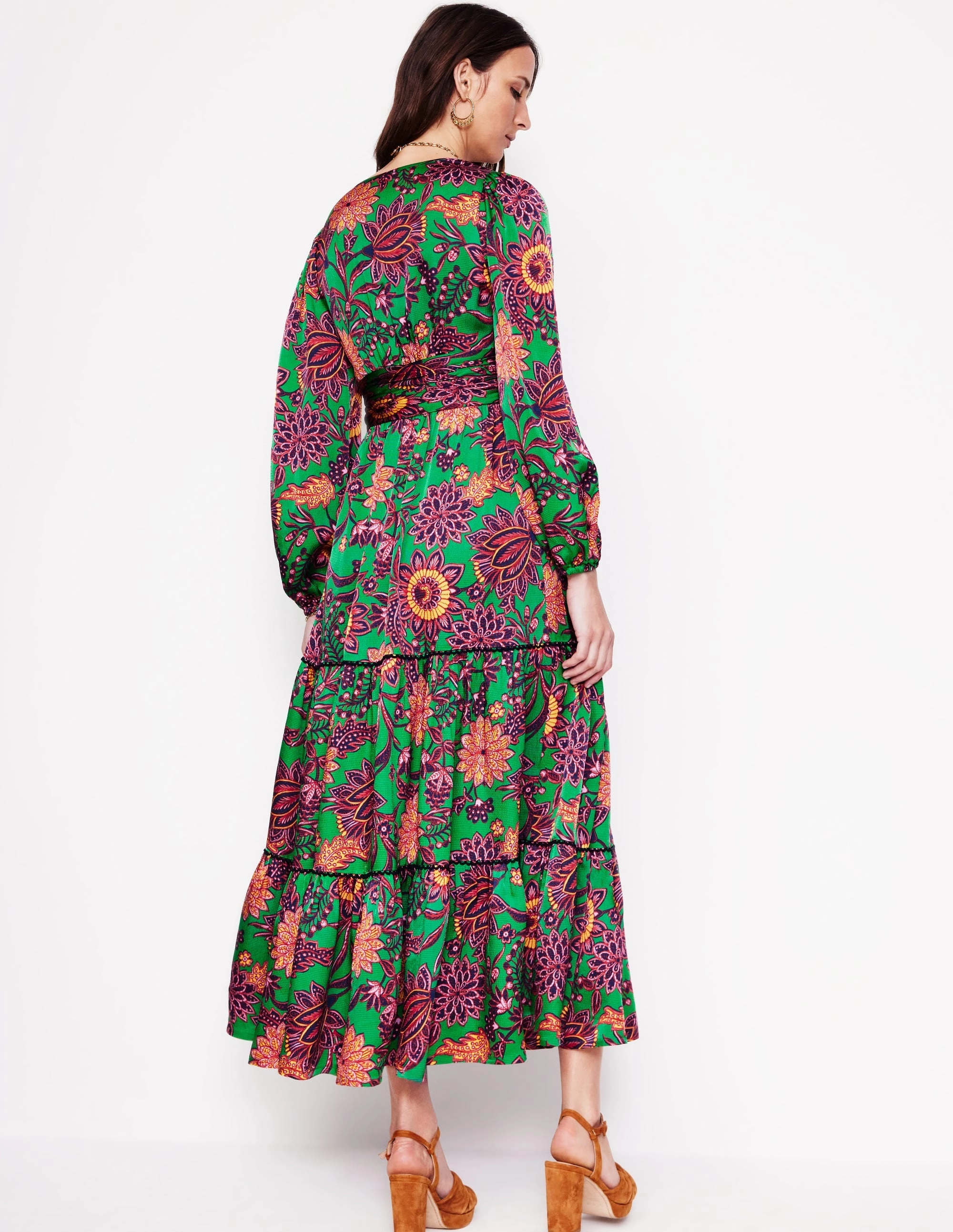 Embroidered-Sleeve Pippa Satin Maxi Dress-Rich Emerald, Ornate Bud