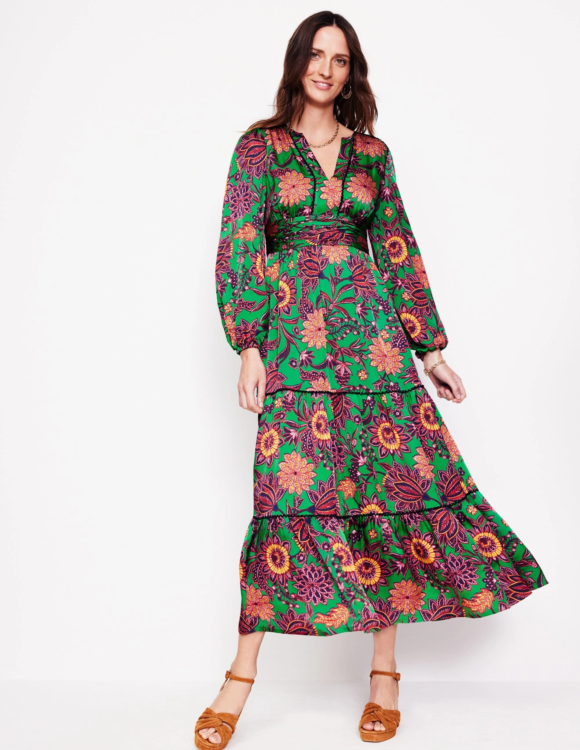 Pippa Satin Maxi Dress-Rich Emerald, Ornate Bud AntiFrayEdging