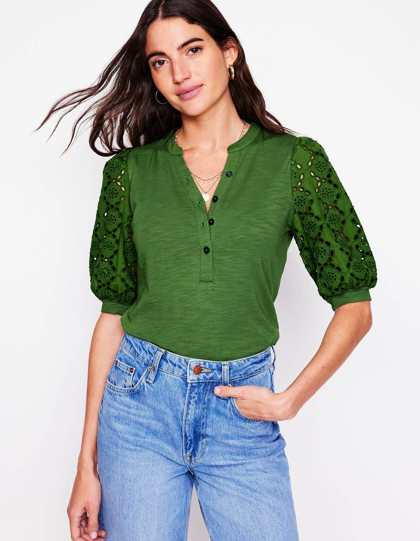 Eden Puff Sleeve Henley Top-Promenade Green Workout Gear