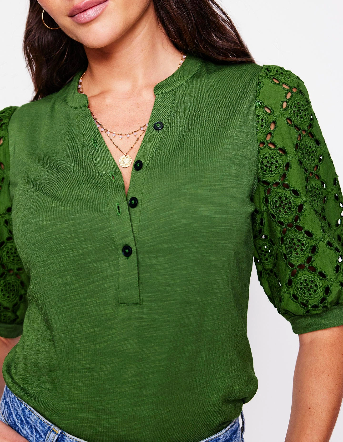 Classic Trend Look Eden Puff Sleeve Henley Top-Promenade Green