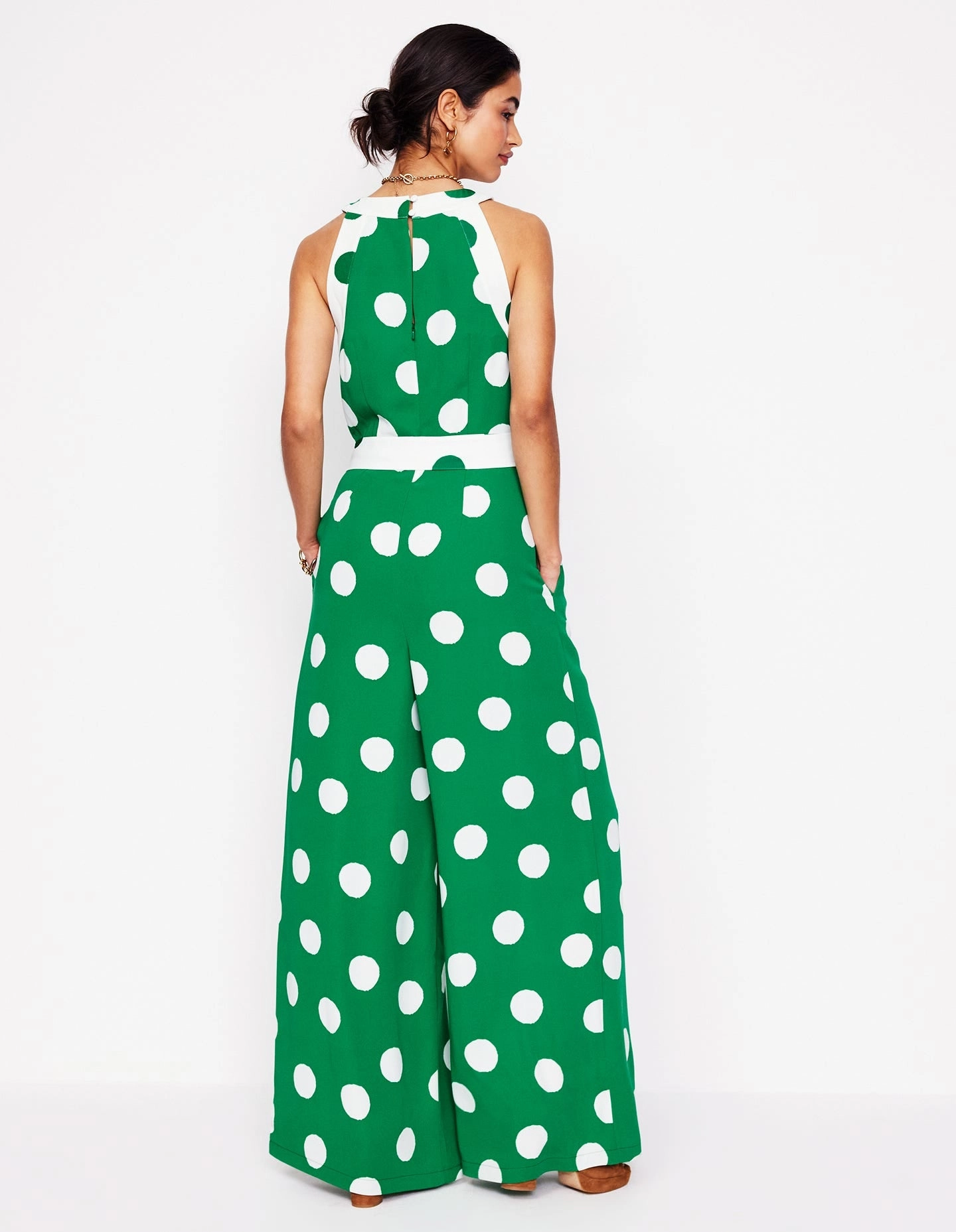 Feminine Touch Colourblock Halter Jumpsuit-Rich Emerald, Abstract Dot