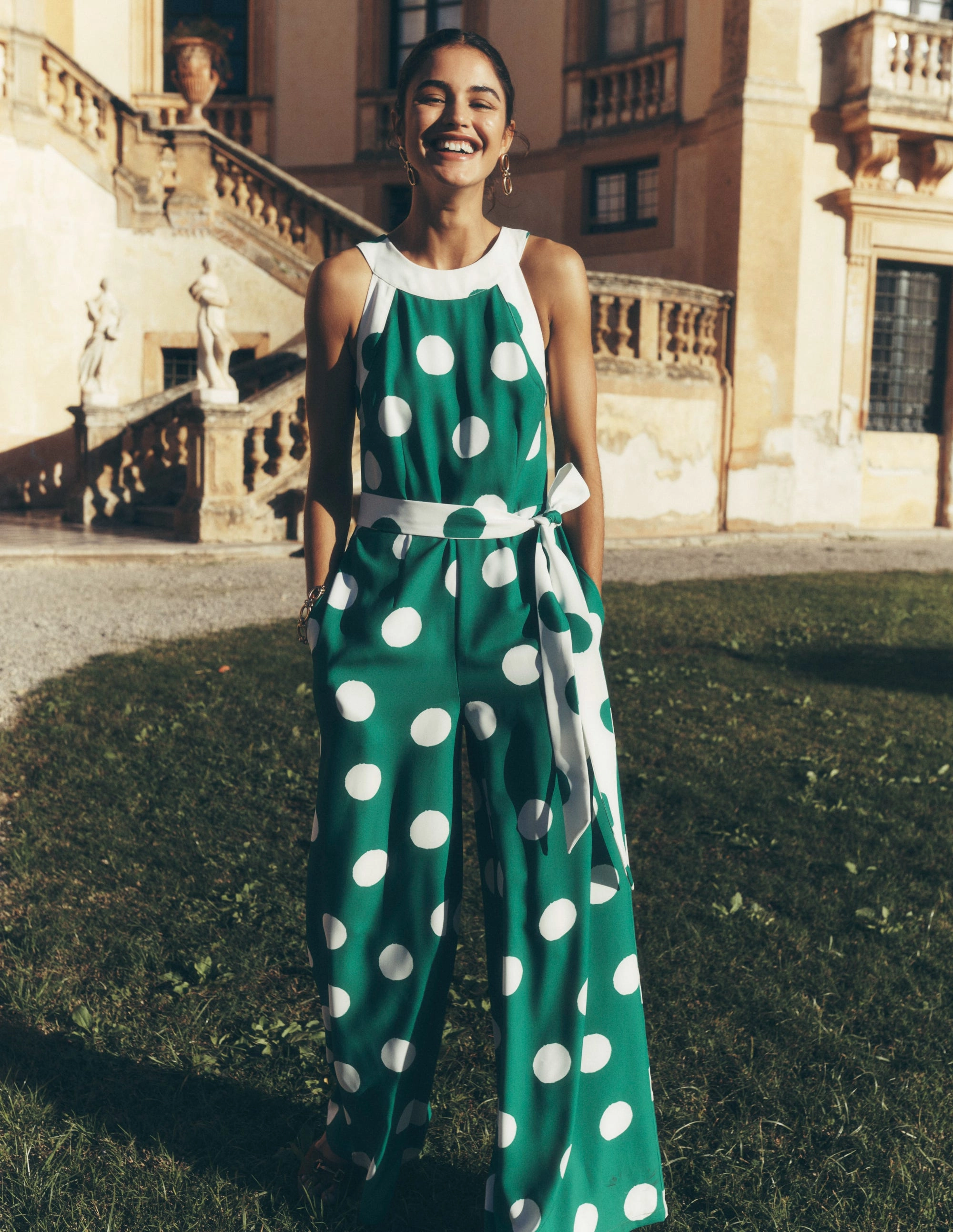 Colourblock Halter Jumpsuit-Rich Emerald, Abstract Dot Bright-colored piece