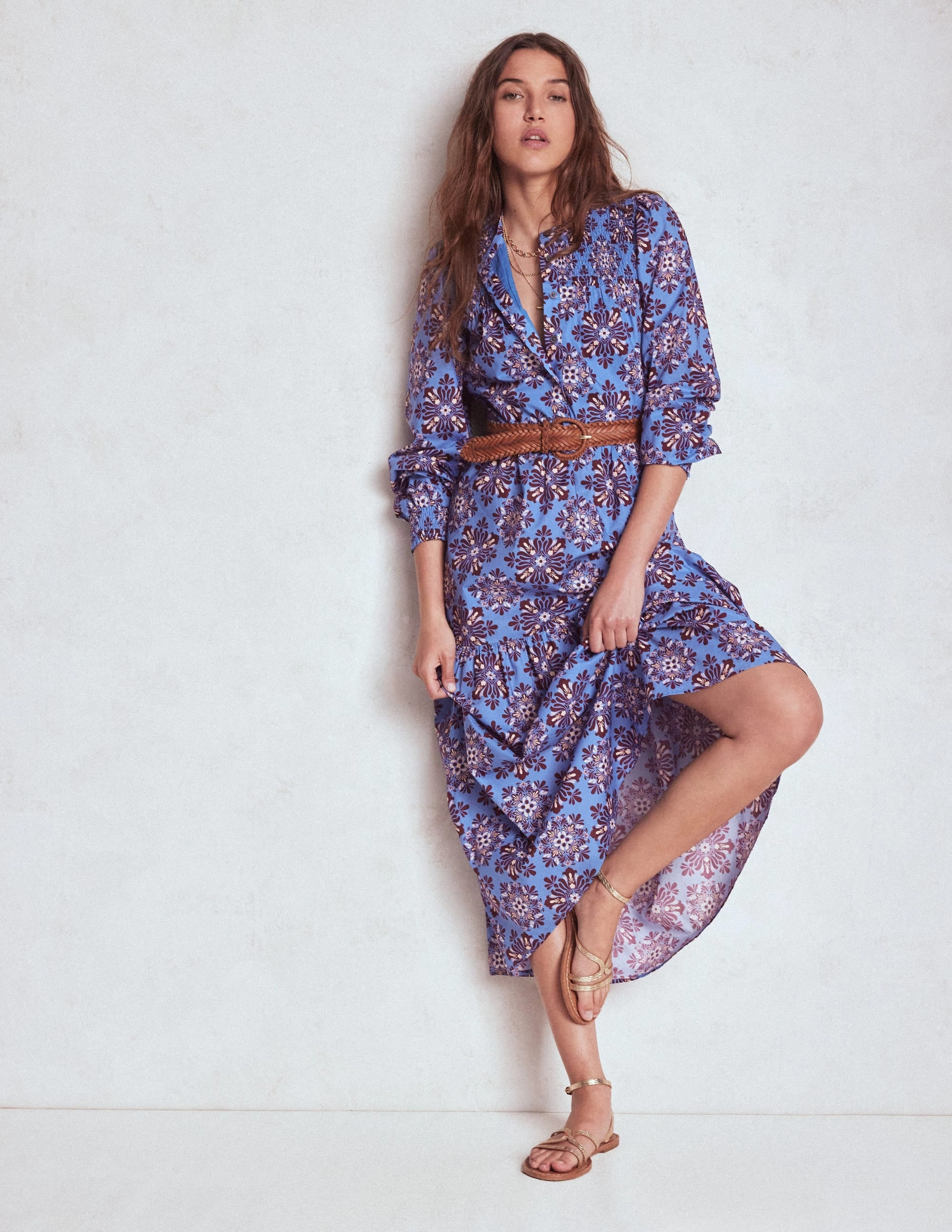 Cecily Cotton Midi Dress-Soft Blue, Bloom Mosaic Fashionable Comfort Wear Cozy Drape