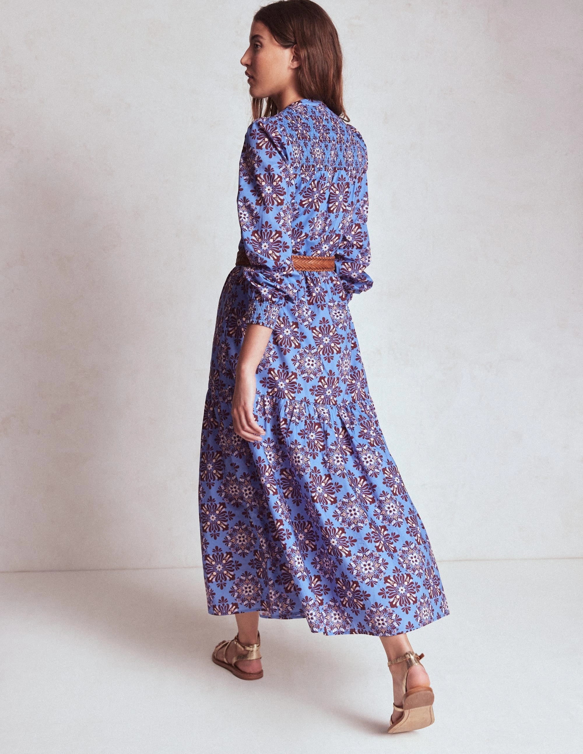 Dreamy Simplicity NonChafeSeams Cecily Cotton Midi Dress-Soft Blue, Bloom Mosaic