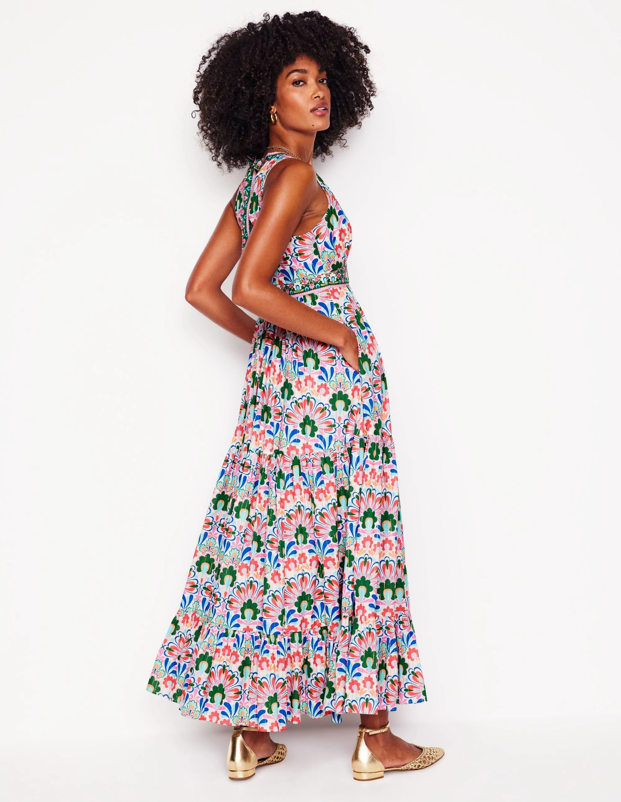 Serena Cotton Tie Maxi Dress-Multi, Decorative Dandelion Trendy Everyday Chic Waistband Design