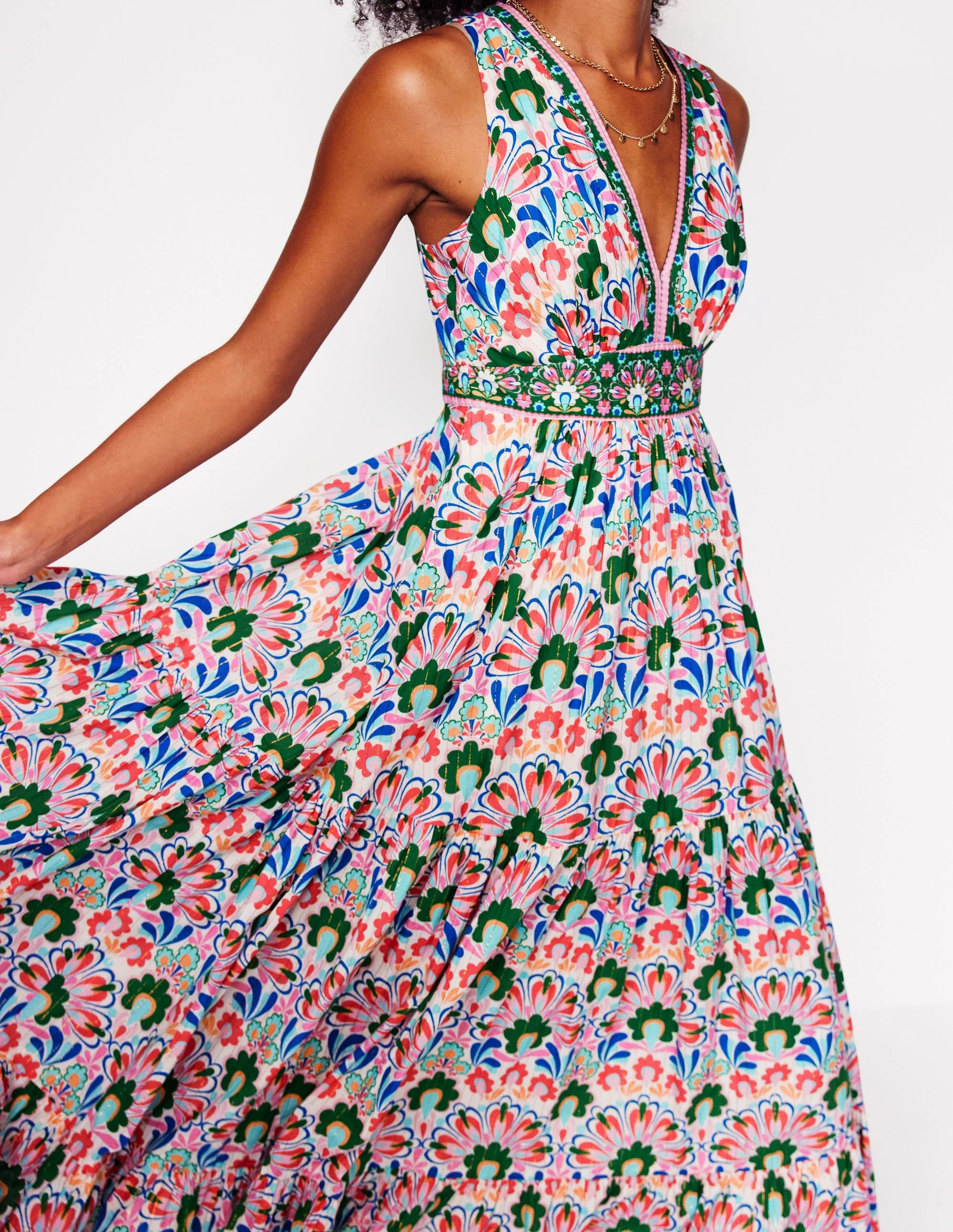 Relaxed and Effortless Grace Base Serena Cotton Tie Maxi Dress-Multi, Decorative Dandelion