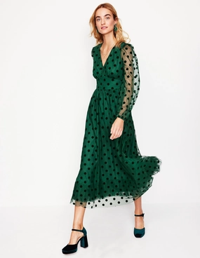 Flattering Fit for All Lace Accent Christina Tulle Midi Dress-Green, Spots
