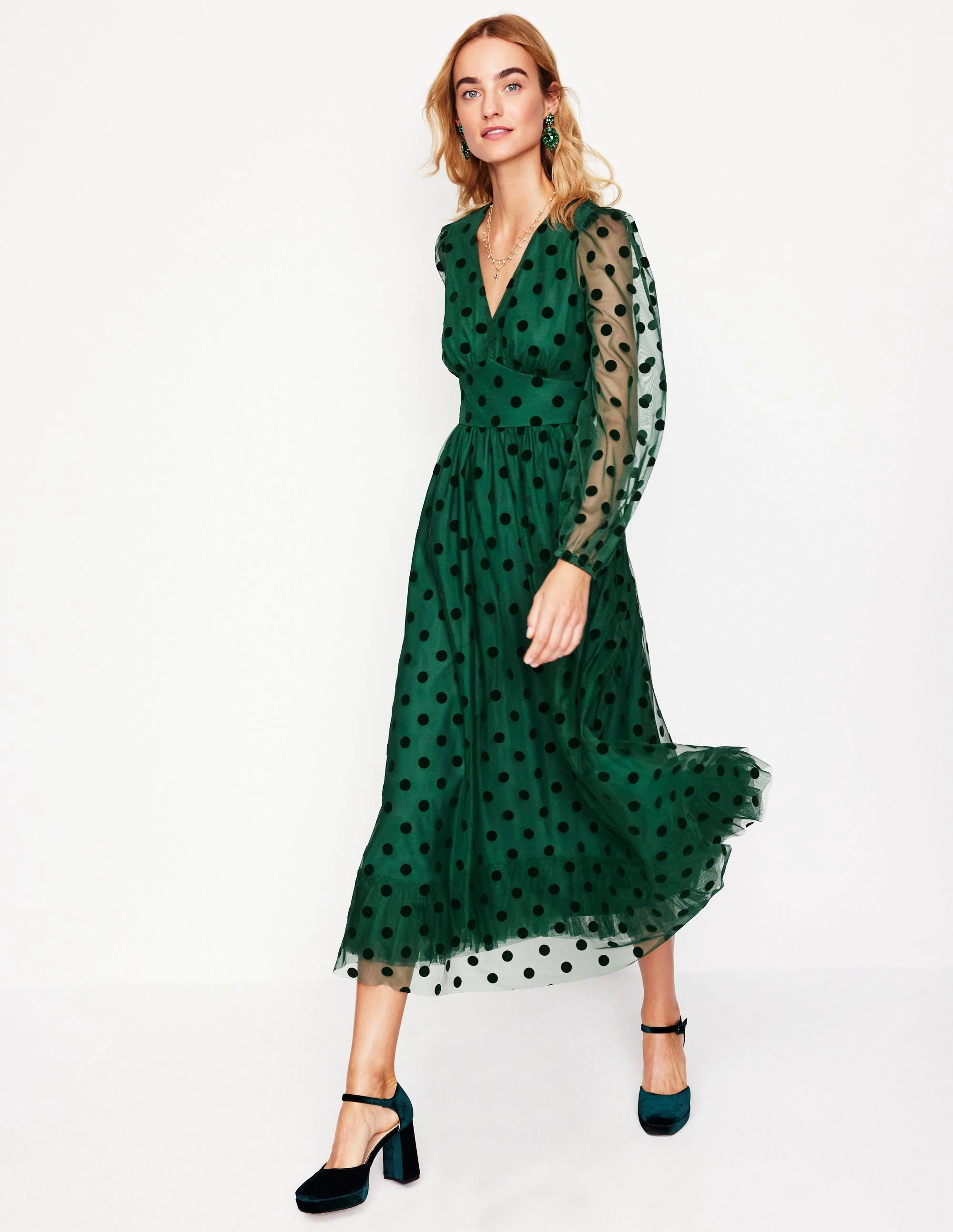 Flattering Fit for All Lace Accent Christina Tulle Midi Dress-Green, Spots
