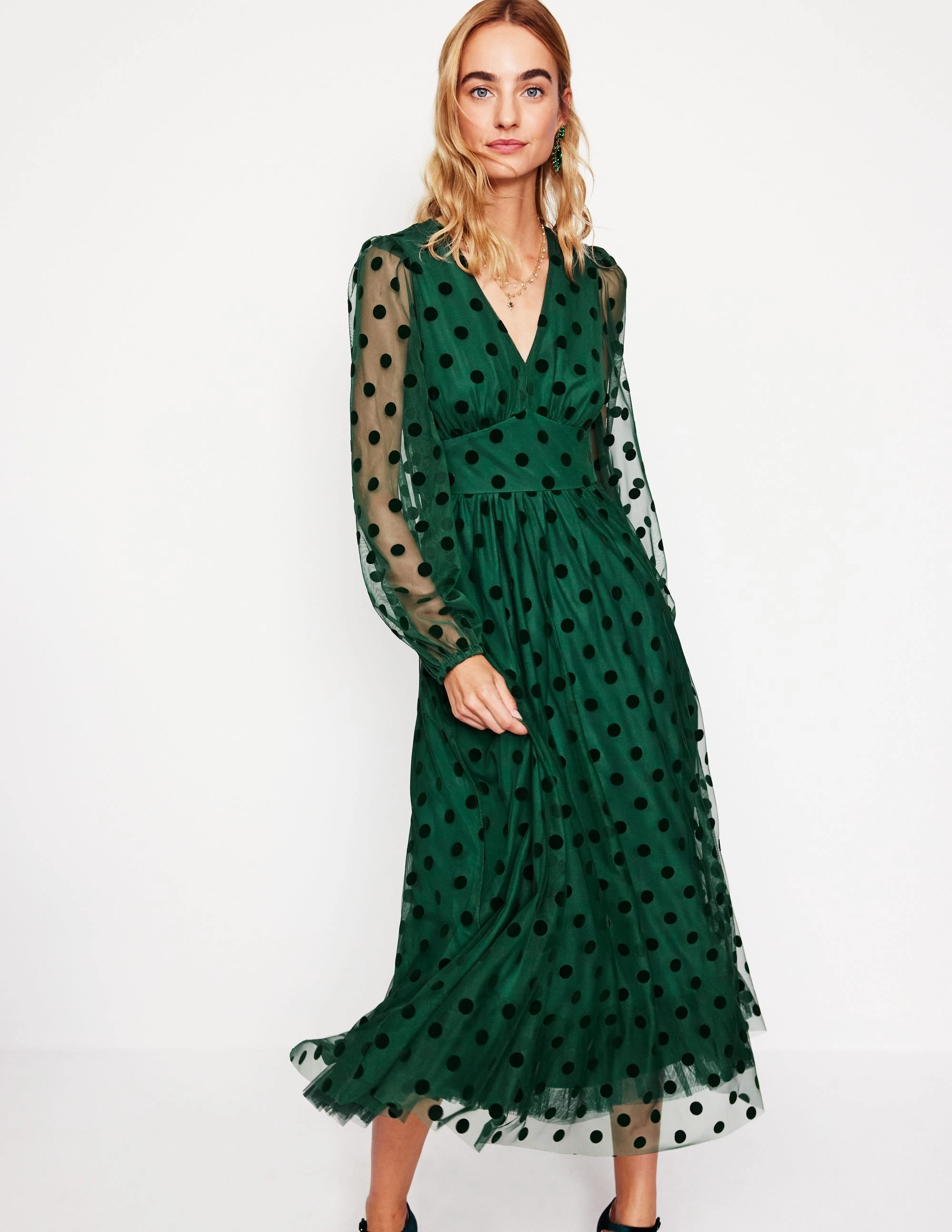 Sophisticated Appeal Christina Tulle Midi Dress-Green, Spots