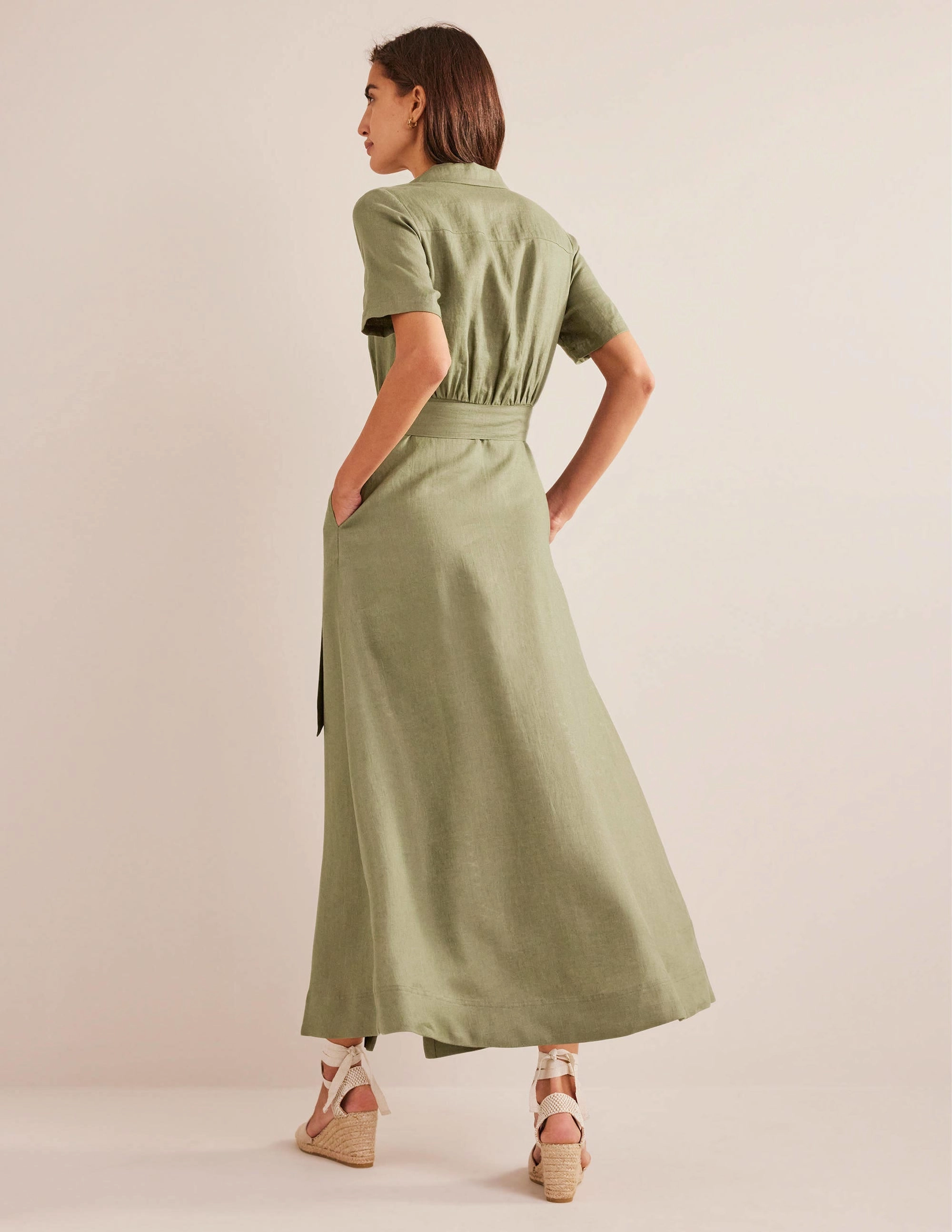 Linen Maxi Shirt Dress-Spruce Flowy Cut Work Friendly