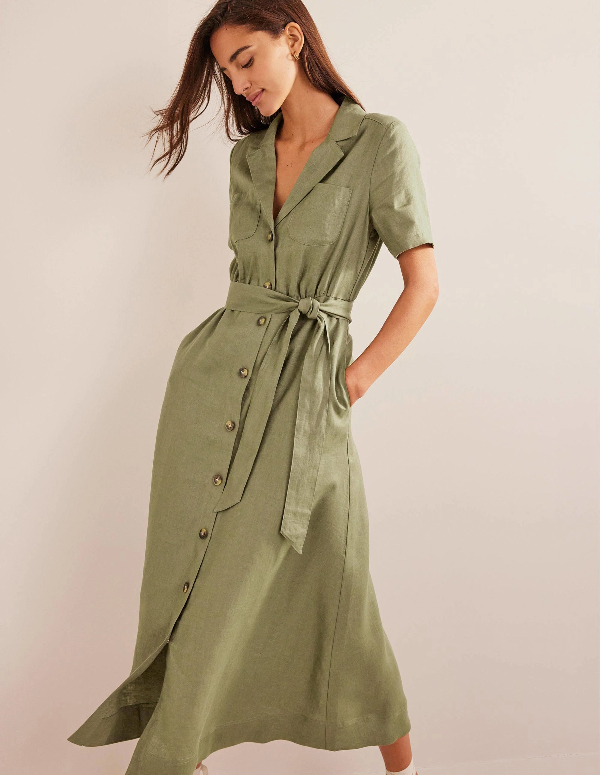 Elegant Fabric Classic Vibe Linen Maxi Shirt Dress-Spruce