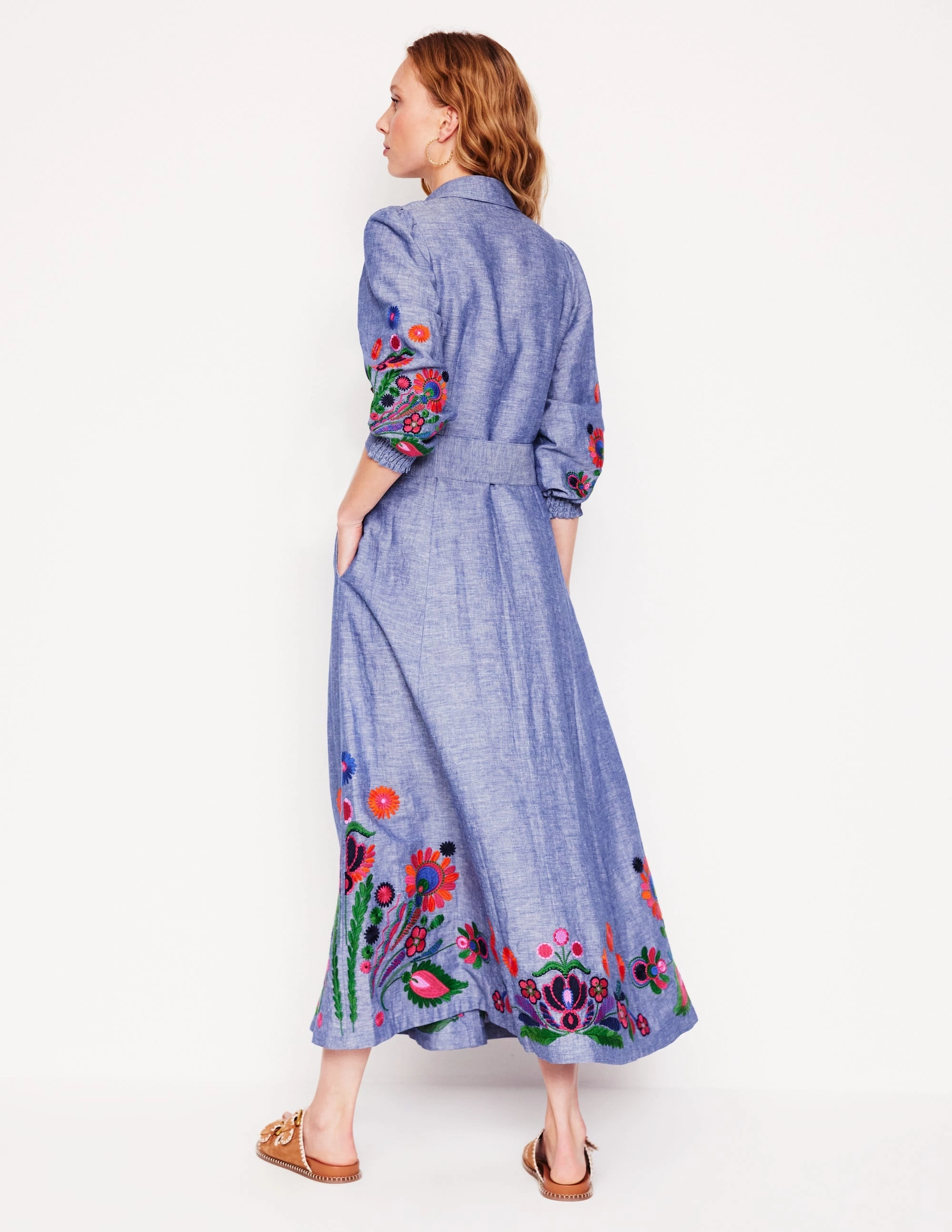 Clara Linen Blend Shirt Dress-Blue Chambray, Embroidered Fit for All Seasons