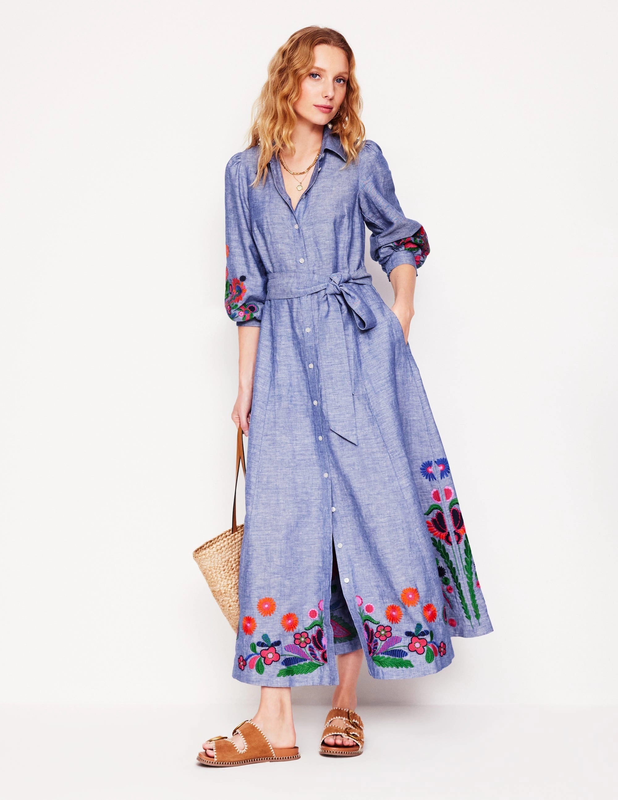 Clara Linen Blend Shirt Dress-Blue Chambray, Embroidered Pocket-Detail Travel-Style