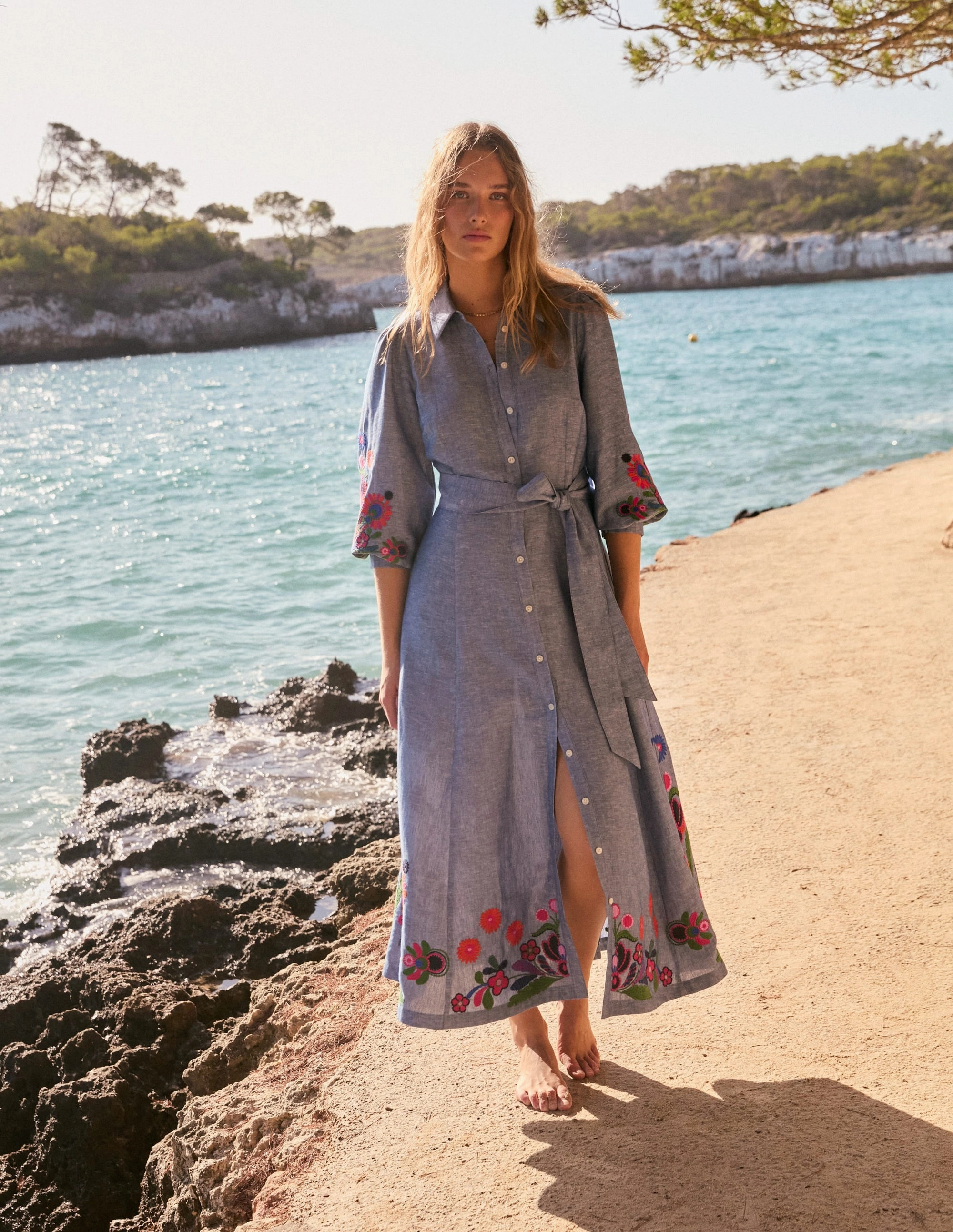 Clara Linen Blend Shirt Dress-Blue Chambray, Embroidered Mood Comfort