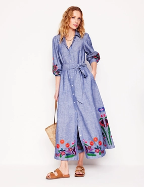 Clara Linen Blend Shirt Dress-Blue Chambray, Embroidered Pocket-Detail Travel-Style