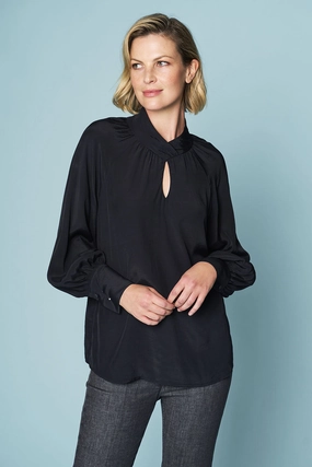 Twist Neck Flounce Top - Black Comfortable Cut Raw Edge Finish