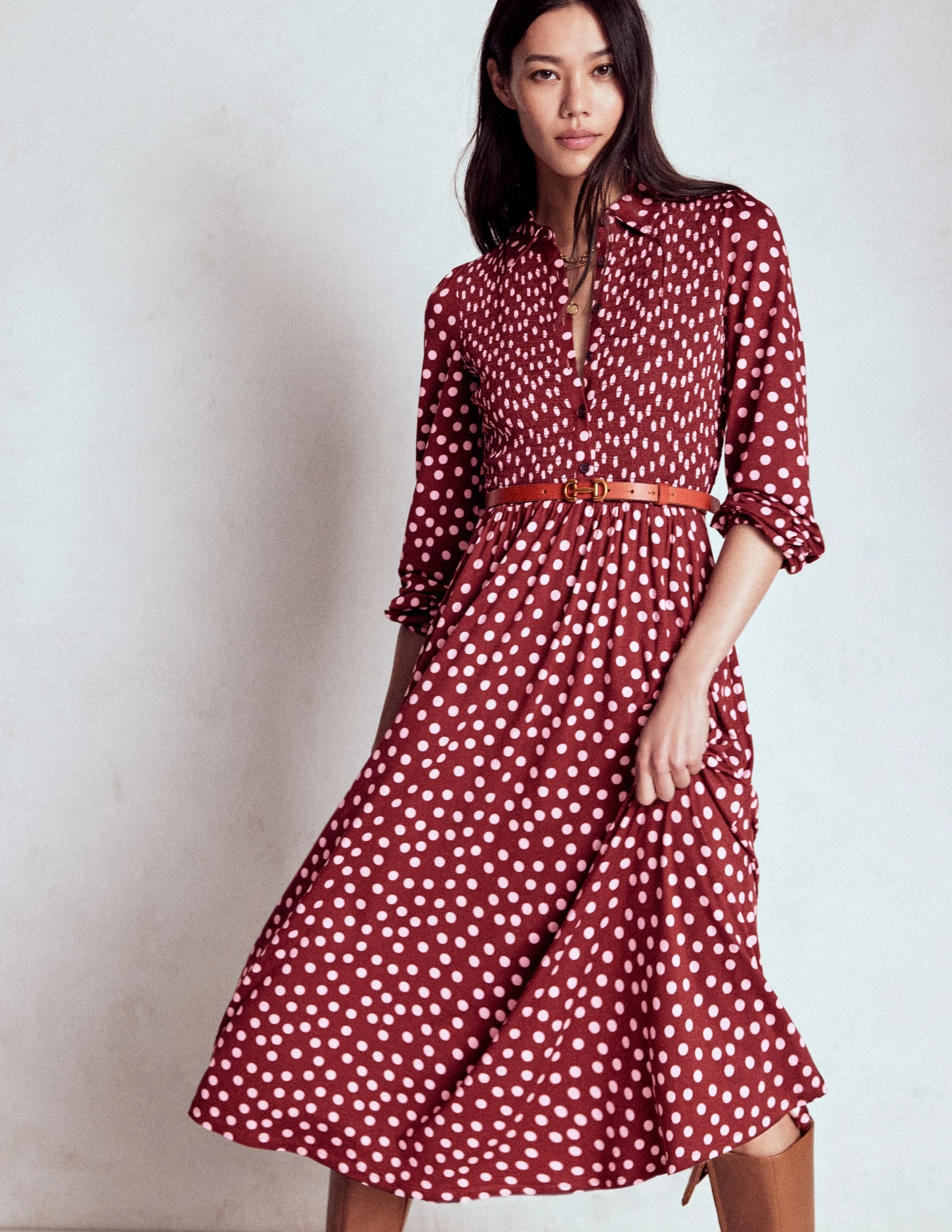 Smocked Jersey Shirt Dress-Chestnut, Painted Dot Travel Essential