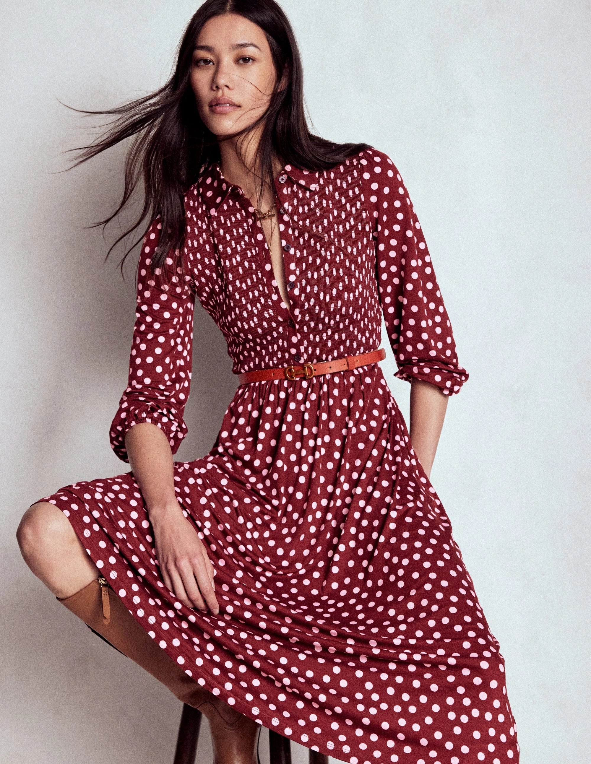 Free Shape Smocked Jersey Shirt Dress-Chestnut, Painted Dot