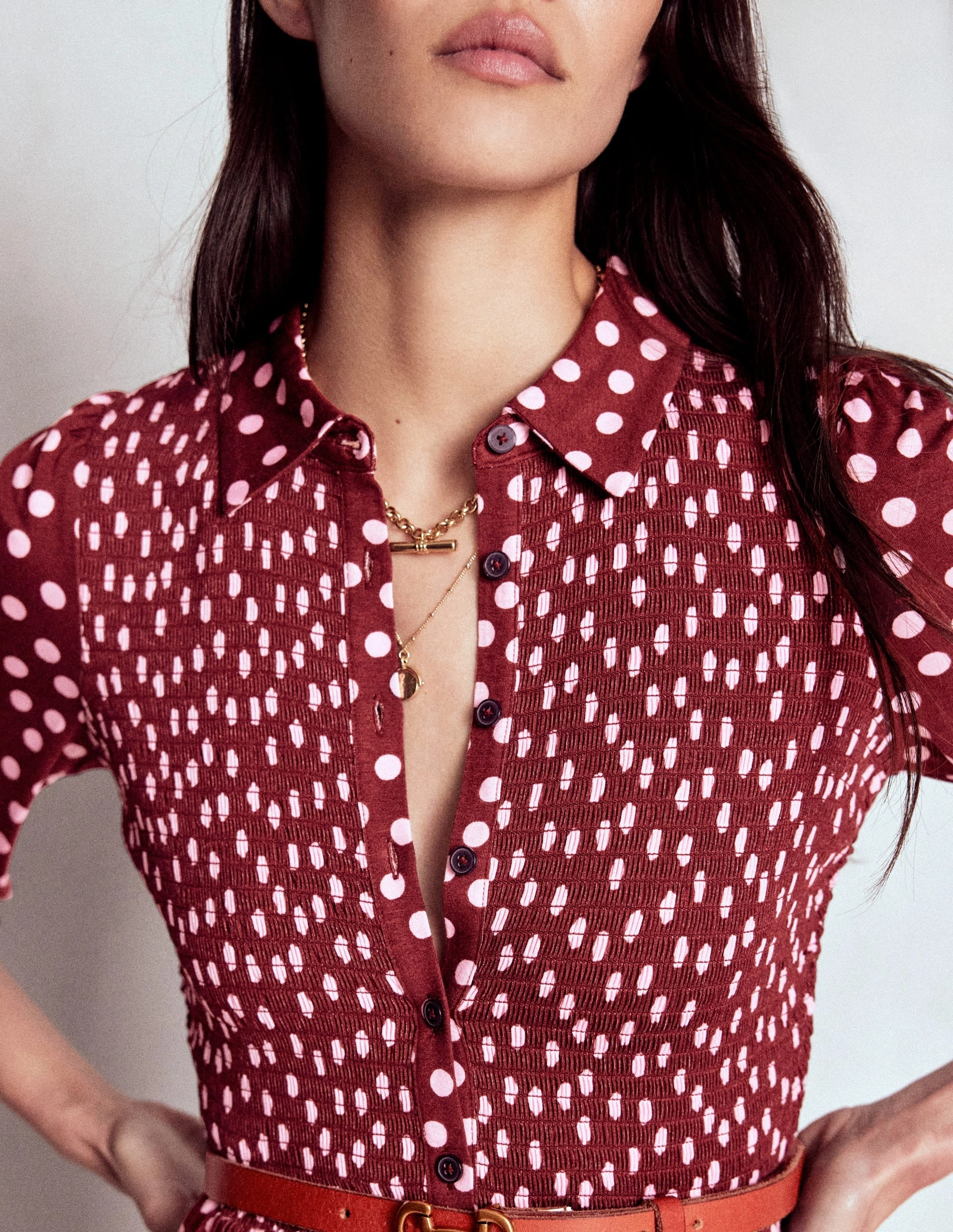Smocked Jersey Shirt Dress-Chestnut, Painted Dot Timeless Energy