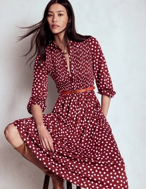 Free Shape Smocked Jersey Shirt Dress-Chestnut, Painted Dot