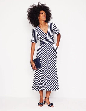 Ponte Panelled Tea Dress-French Navy, Ivory Stripe Textured Layers Clean Fit