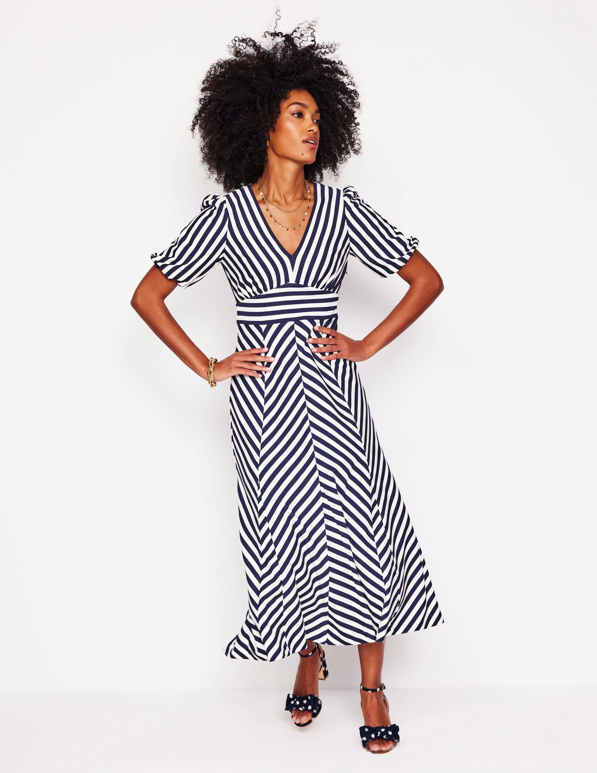 Flowy Cut Day Romance Ponte Panelled Tea Dress-French Navy, Ivory Stripe