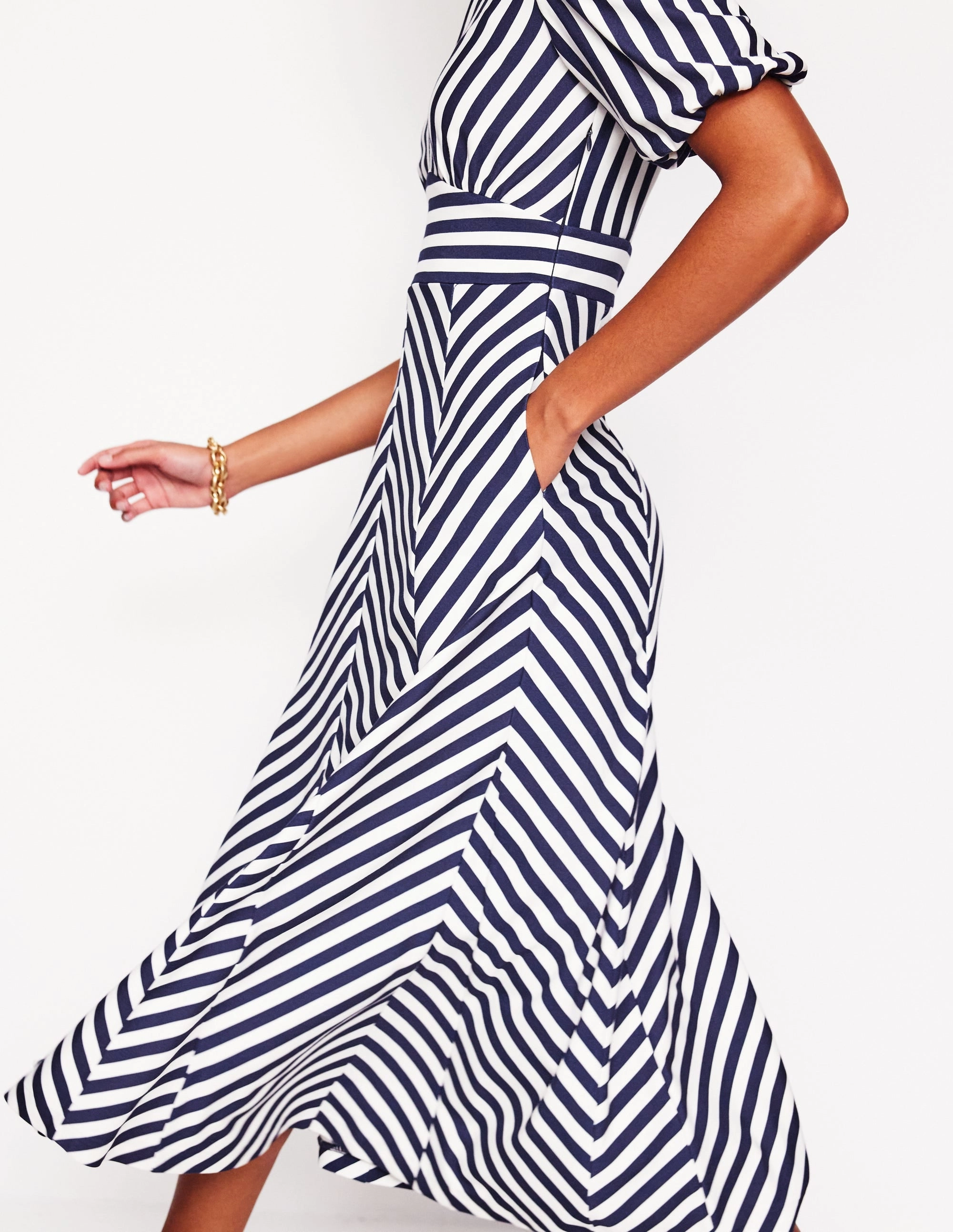 Comfy Shape Sophisticated Waist Ponte Panelled Tea Dress-French Navy, Ivory Stripe