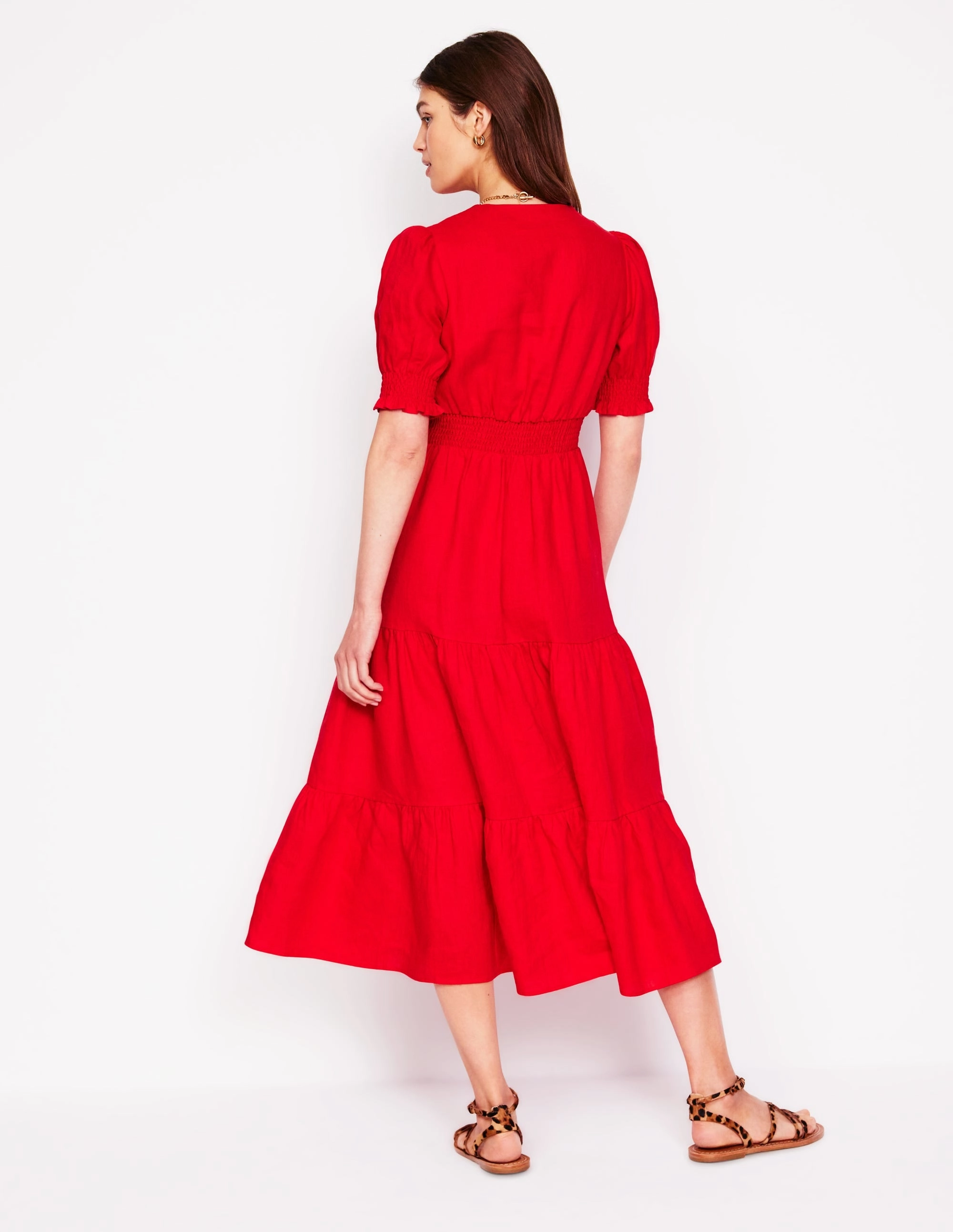 Business casual Anna Linen Tiered Midi Dress-Poppy Red