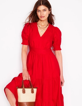 Season Ready Anna Linen Tiered Midi Dress-Poppy Red