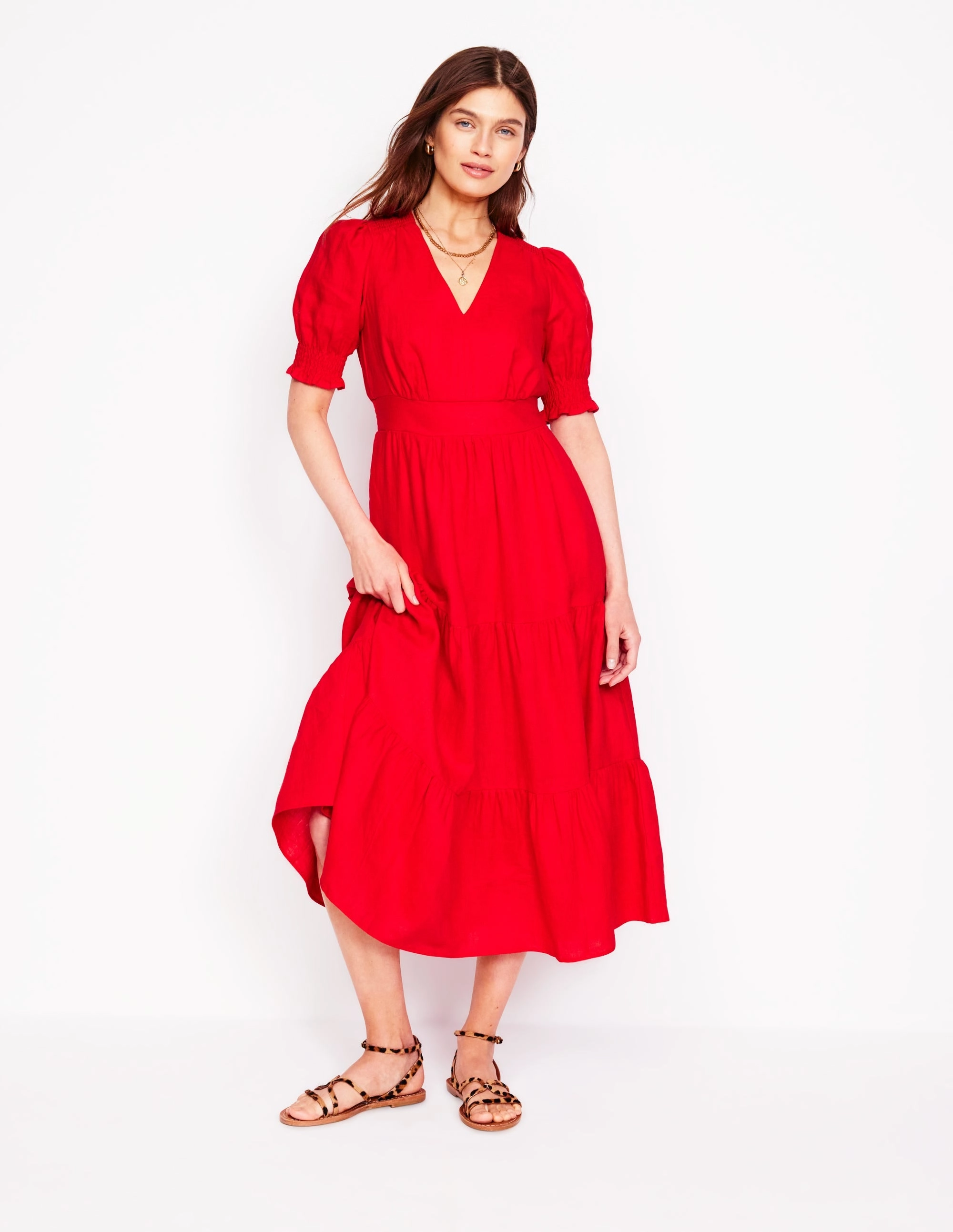 Anna Linen Tiered Midi Dress-Poppy Red Smooth Outline Formal Wear