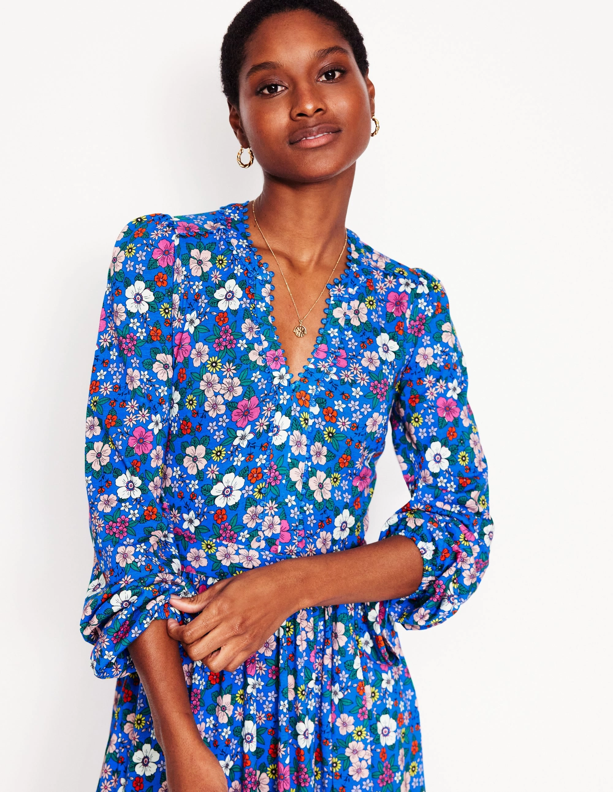 Maeve Trim Jersey Midi Dress-Gallery Blue, Blossom Scatter Effortless weekend dress Casual Pick