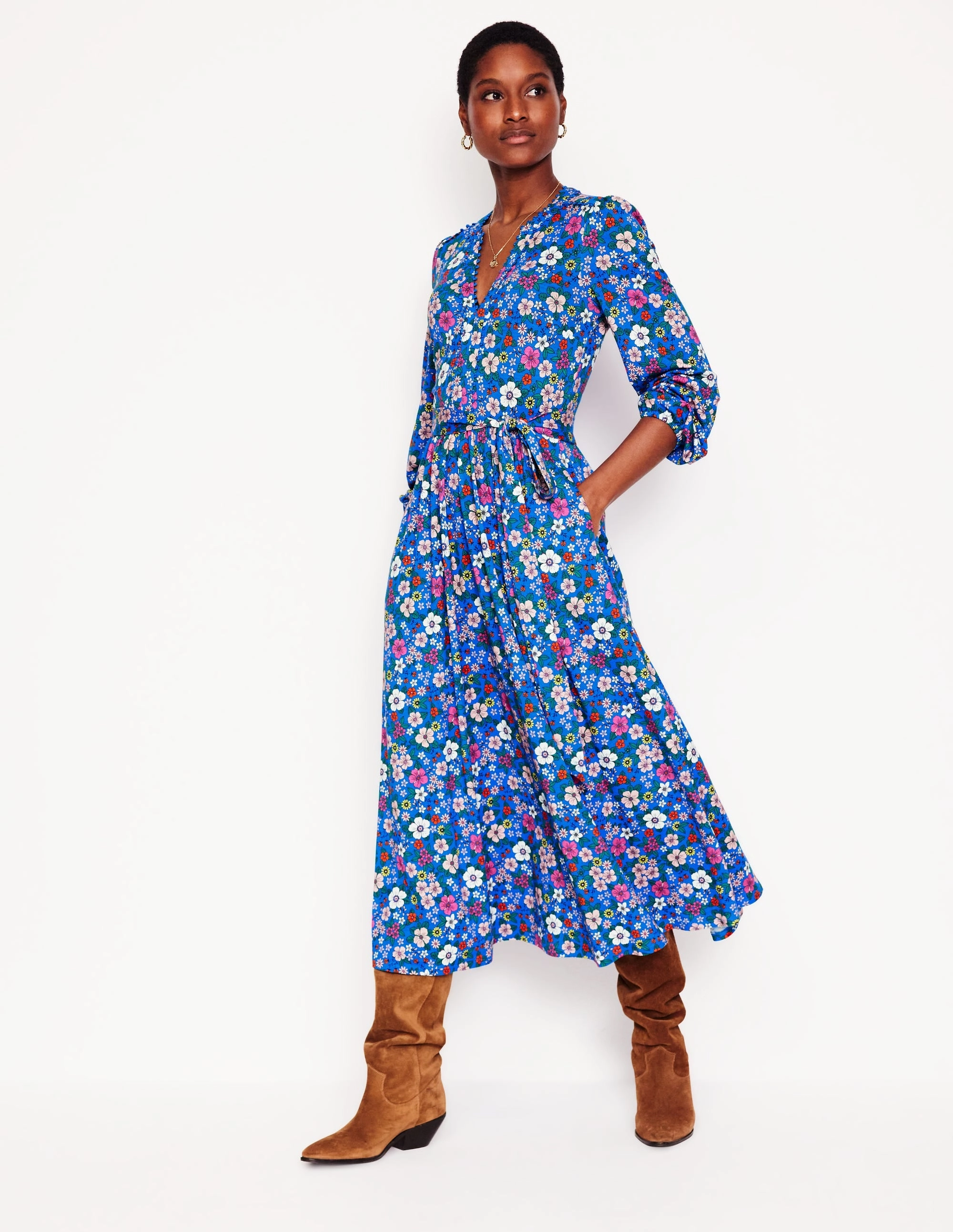 Chilly Weather Comfort Timeless Comfort Maeve Trim Jersey Midi Dress-Gallery Blue, Blossom Scatter