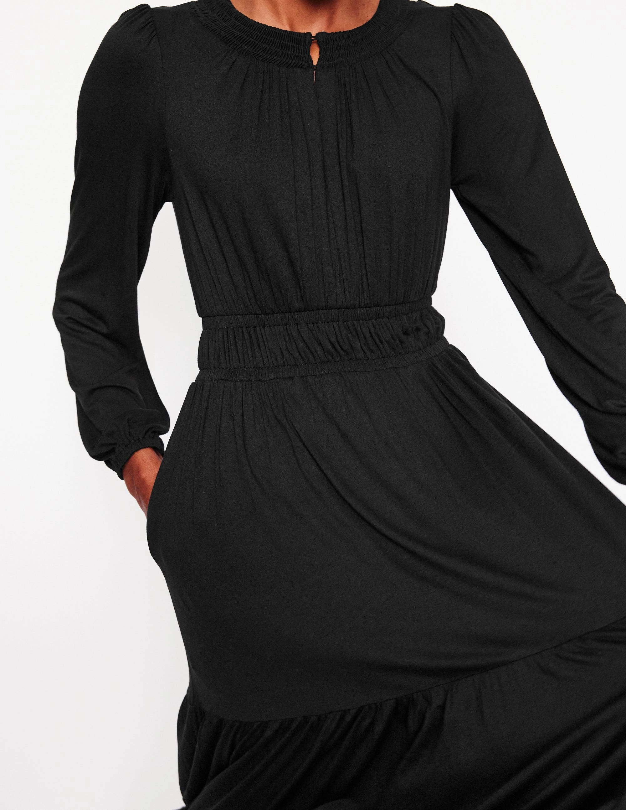 Smock Tiered Jersey Midi Dress-Black Pure Shape Sleek and Sleek