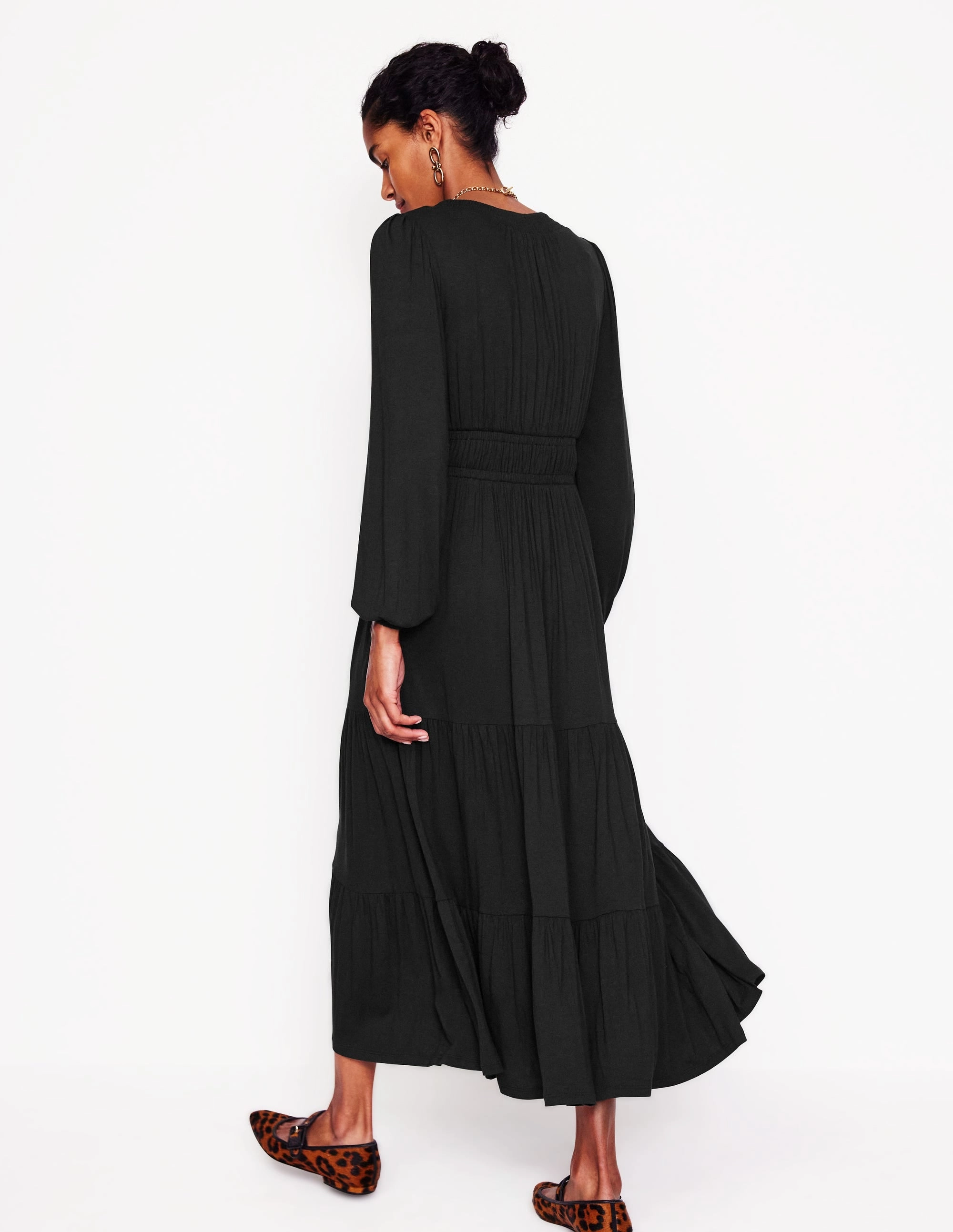 Smock Tiered Jersey Midi Dress-Black Chic And Comfortable Smart and Chic