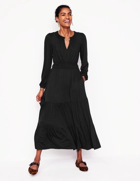 Comfort waistband Smock Tiered Jersey Midi Dress-Black