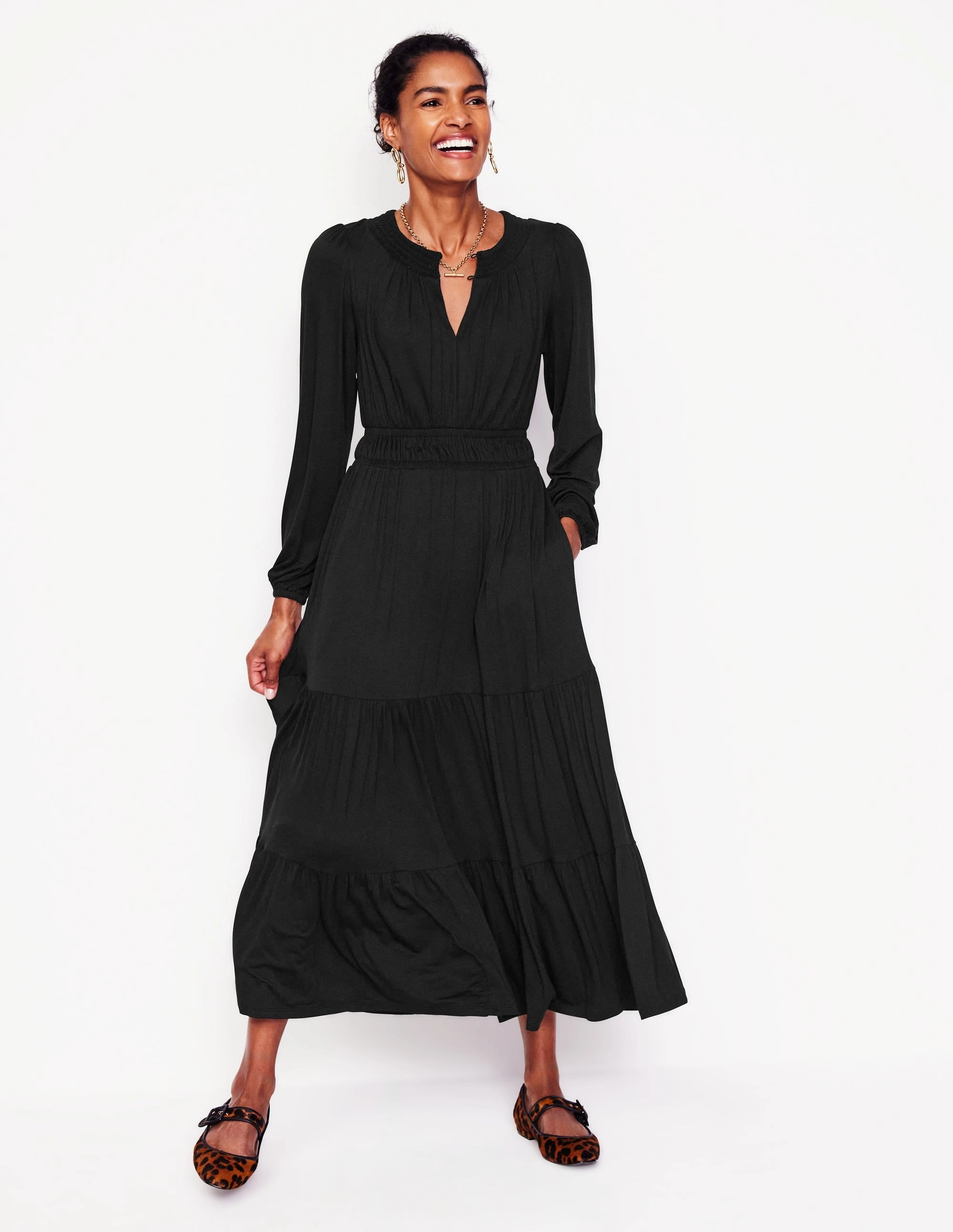 Comfort waistband Smock Tiered Jersey Midi Dress-Black