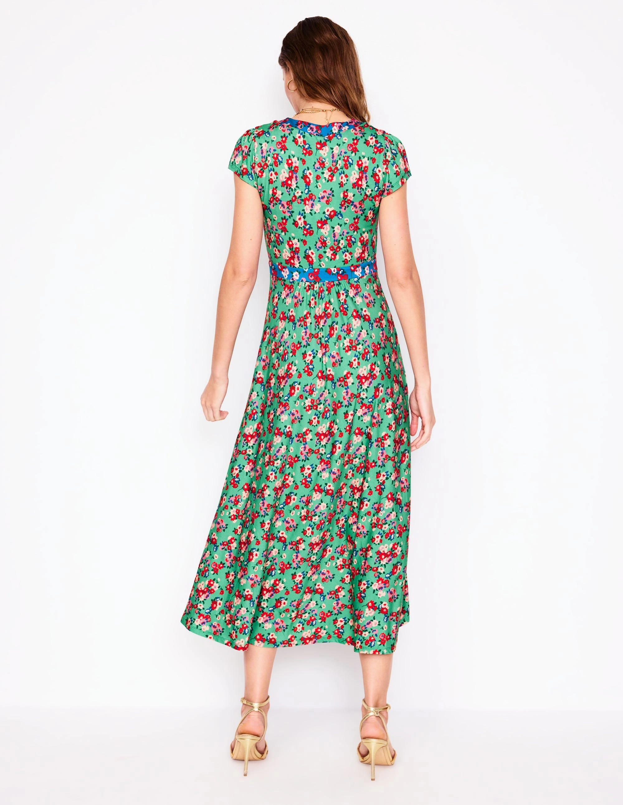 Sophisticated Layers Modern Twist Bias Cut Jersey Midi Dress-Jade, Painterly Posy