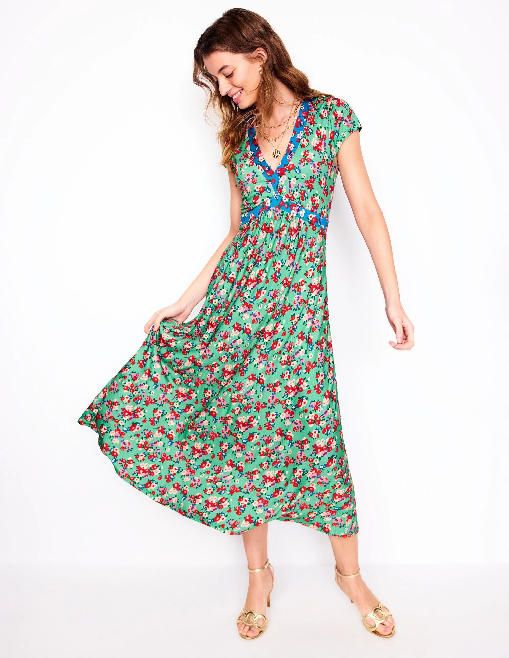 Street Ready Bias Cut Jersey Midi Dress-Jade, Painterly Posy