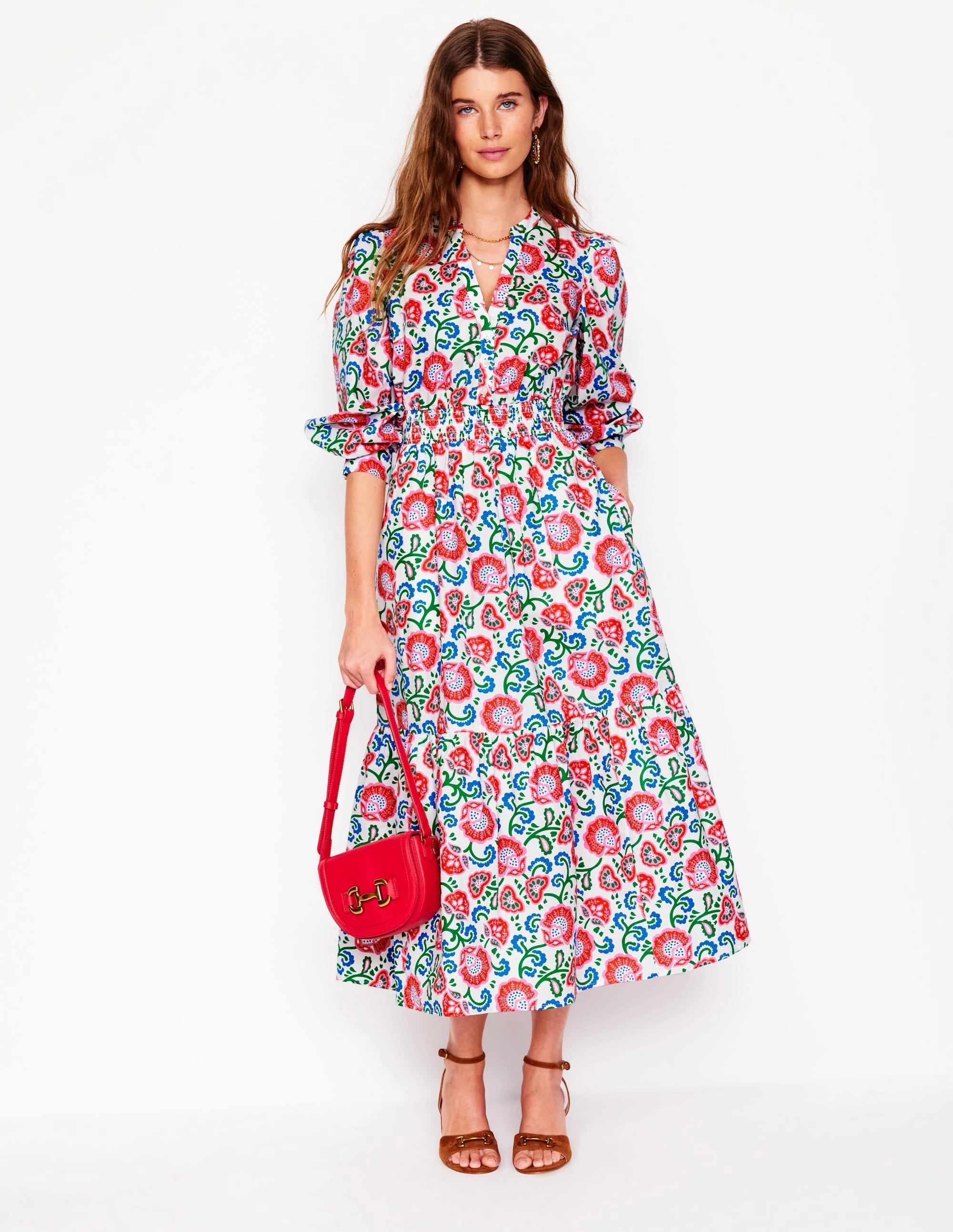 Perfect Mood Rose Soft Elena Tiered Cotton Midi Dress-Ivory, Garden Vine